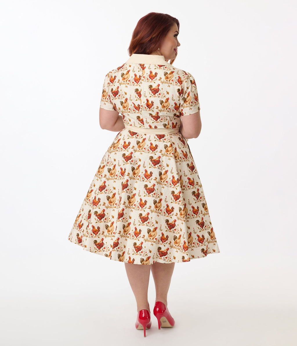 Unique Vintage Plus Size Rooster Print Cotton Shirt Dress - Unique Vintage - Womens, DRESSES, SWING