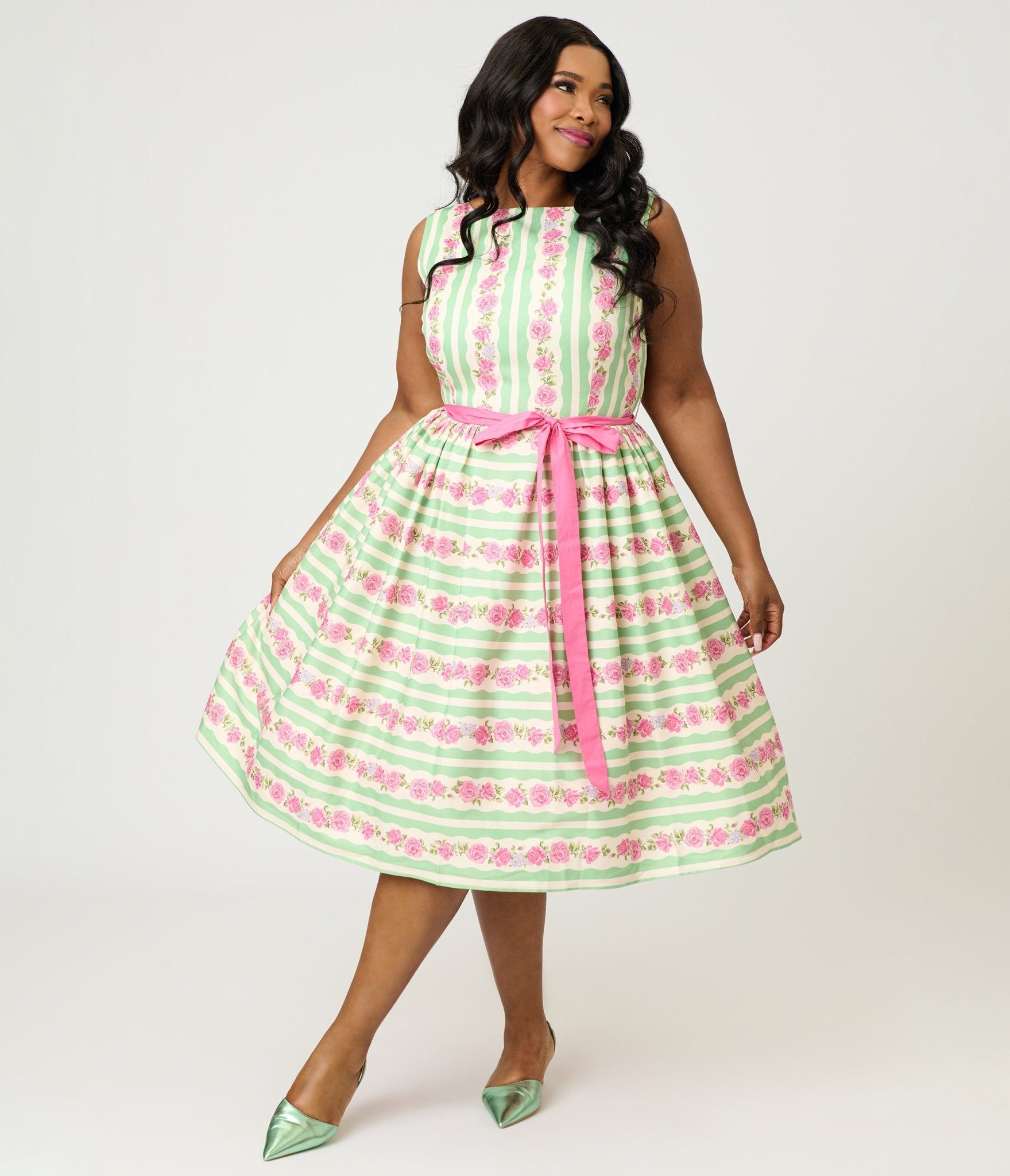Unique Vintage Plus Size Rose Stripe Swing Dress - Unique Vintage - Womens, DRESSES, SWING