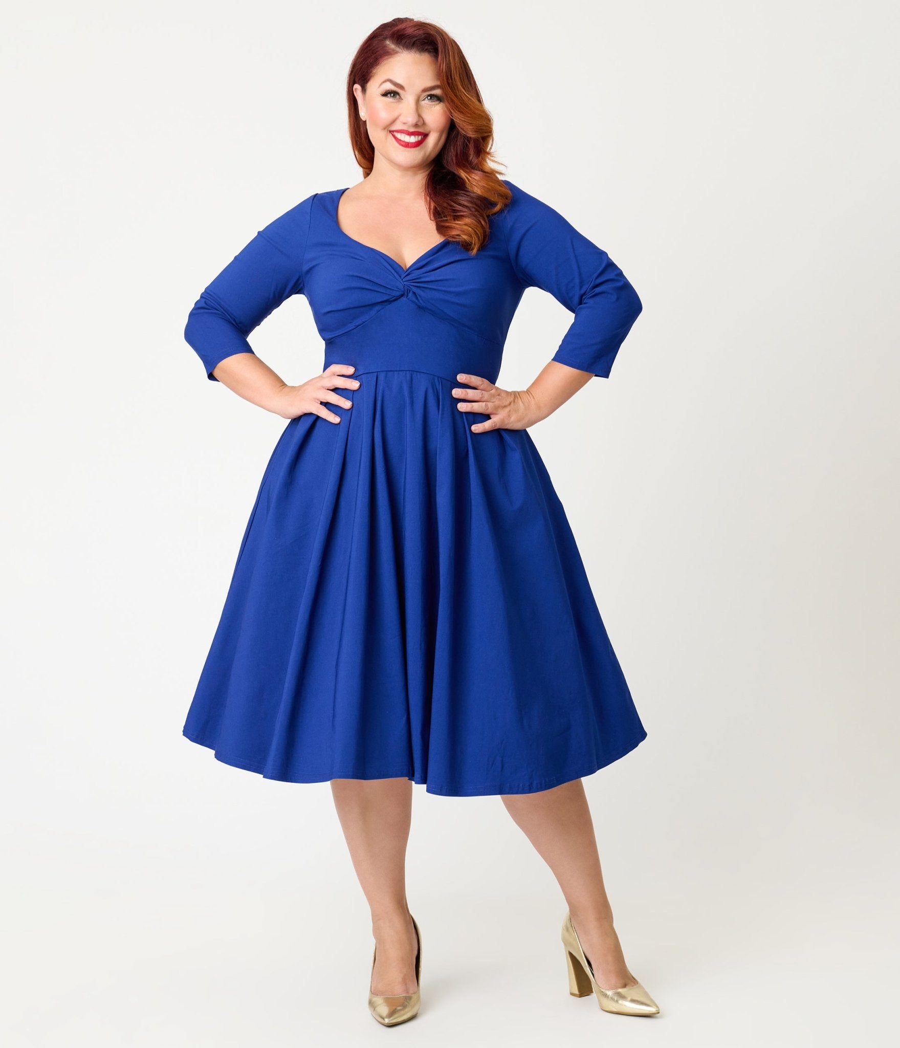 Unique Vintage Plus Size Royal Blue Bengaline Front Twist Swing Dress