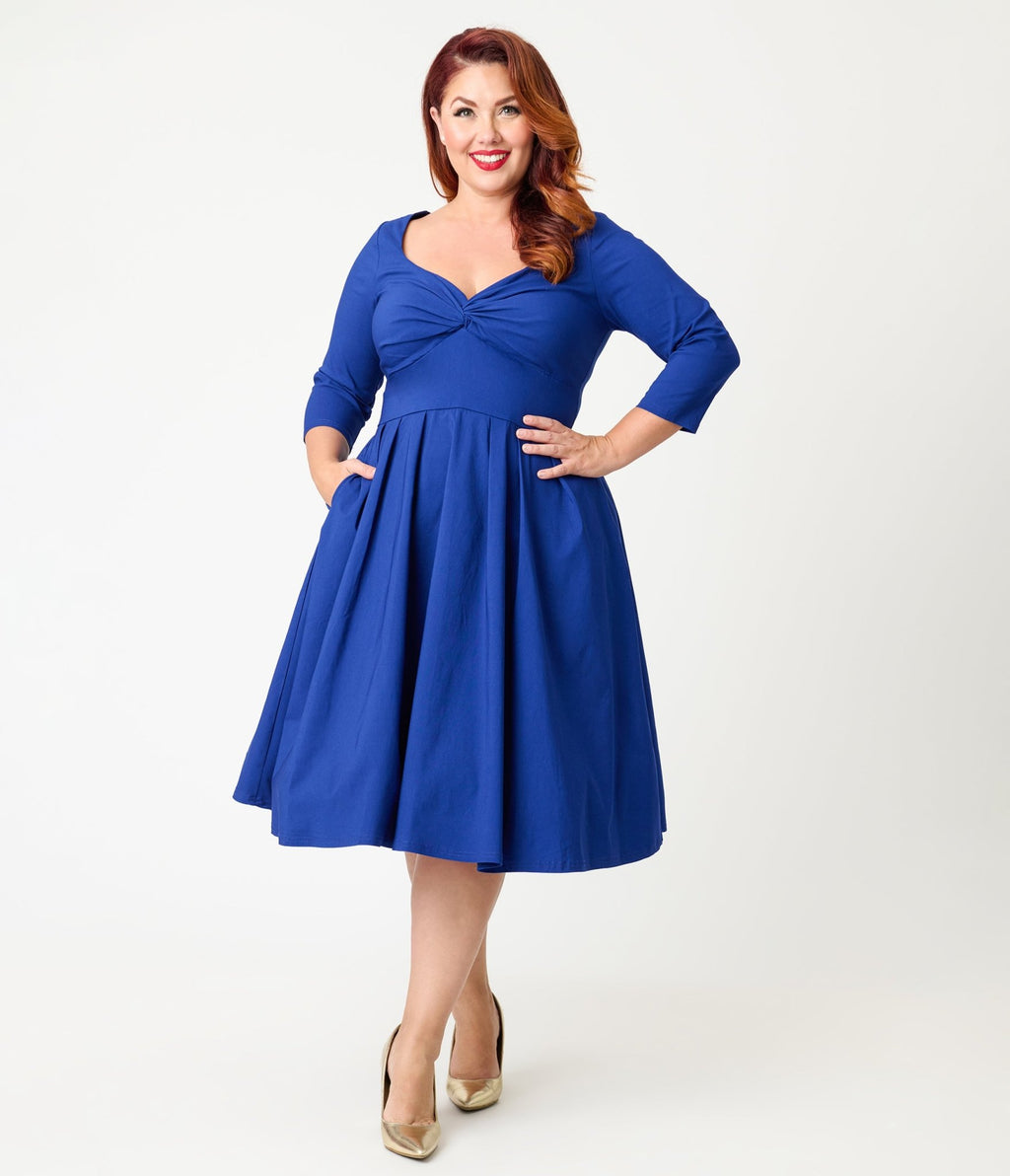 Unique Vintage Plus Size Royal Blue Bengaline Front Twist Swing Dress - Unique Vintage - Womens, DRESSES, SWING
