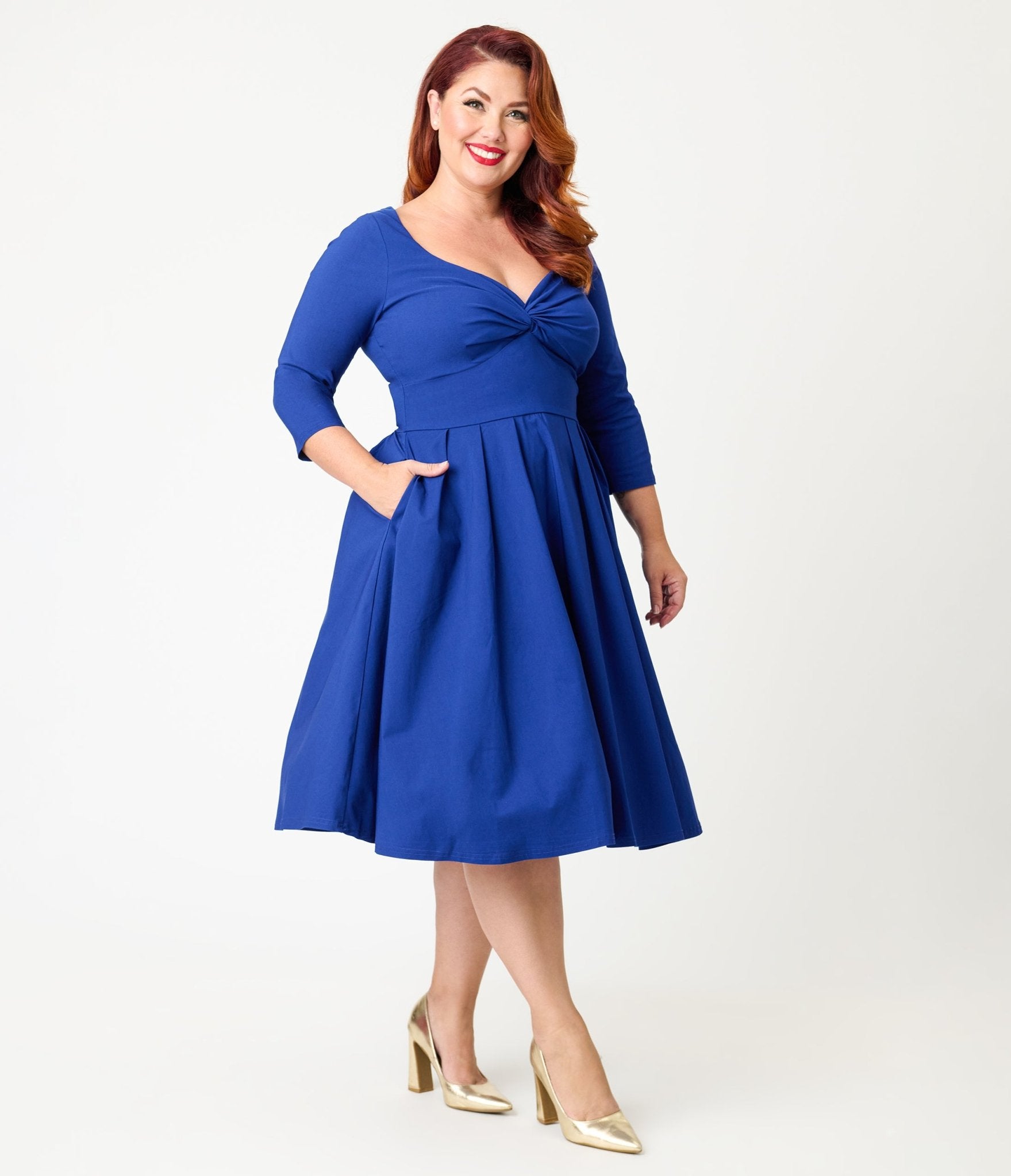 Unique Vintage Plus Size Royal Blue Bengaline Front Twist Swing Dress - Unique Vintage - Womens, DRESSES, SWING