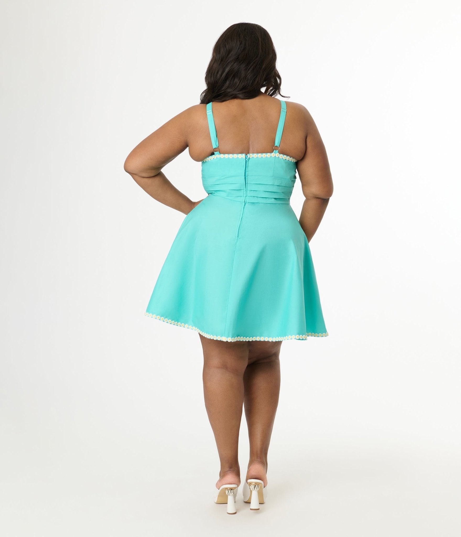 Unique Vintage Plus Size Seafoam Green & Daisy Cotton Flare Dress - Unique Vintage - Womens, DRESSES, FIT AND FLARE