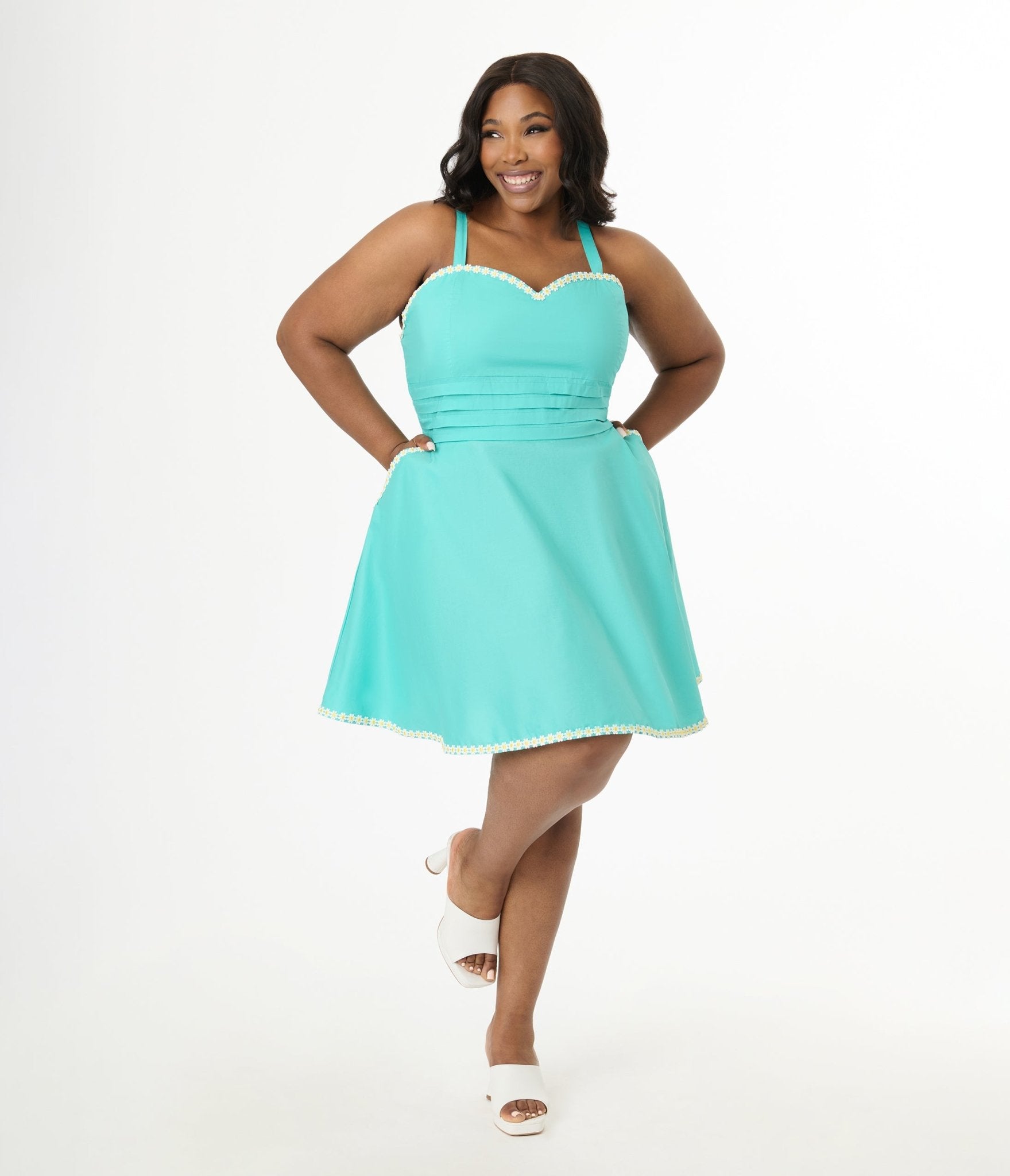 Unique Vintage Plus Size Seafoam Green & Daisy Cotton Flare Dress - Unique Vintage - Womens, DRESSES, FIT AND FLARE