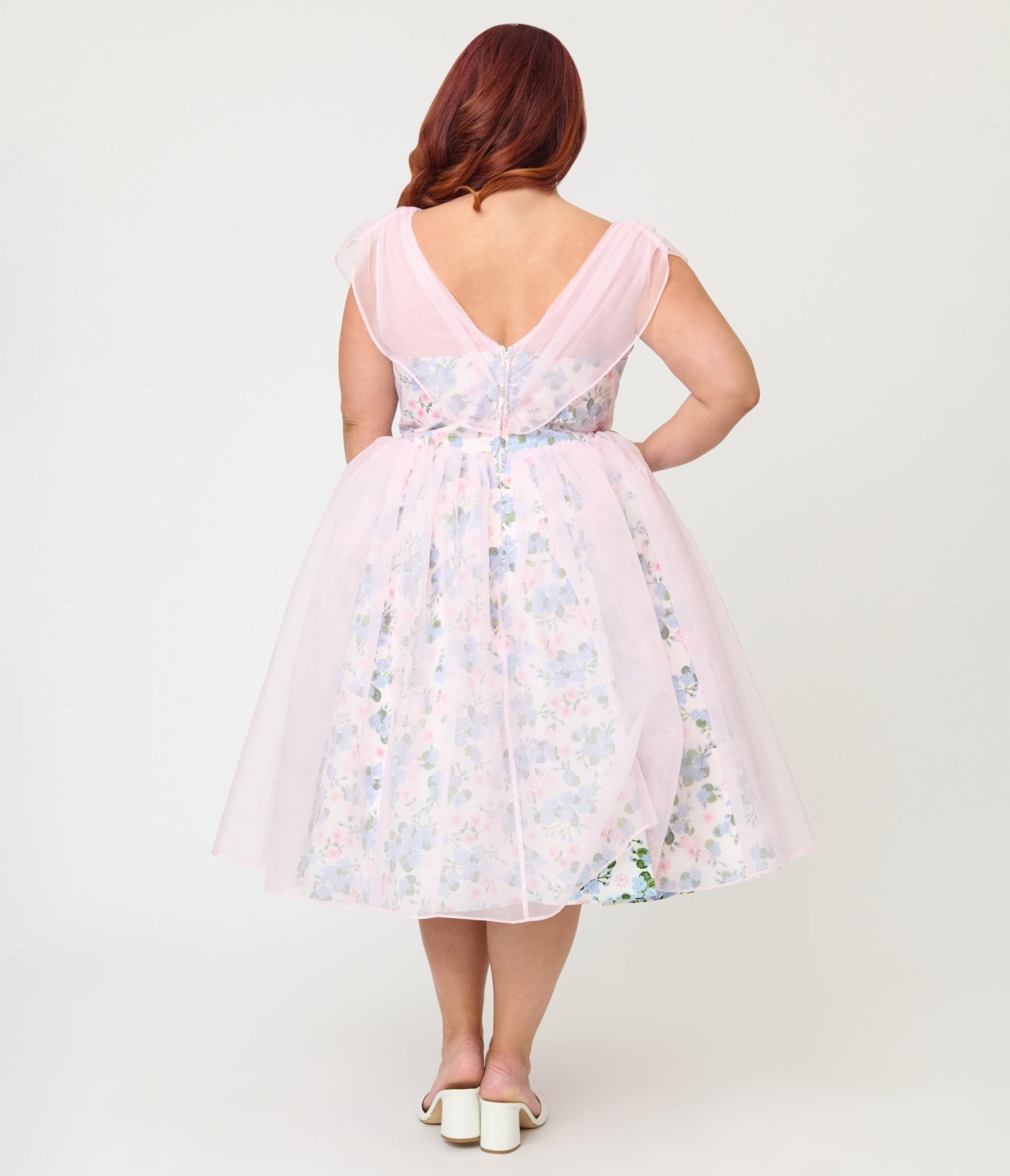 pink and white chiffon dress Romantic Floral Chiffon Maxi Dress Hand-beaded Square Neck, High Waist, Recycled Lining