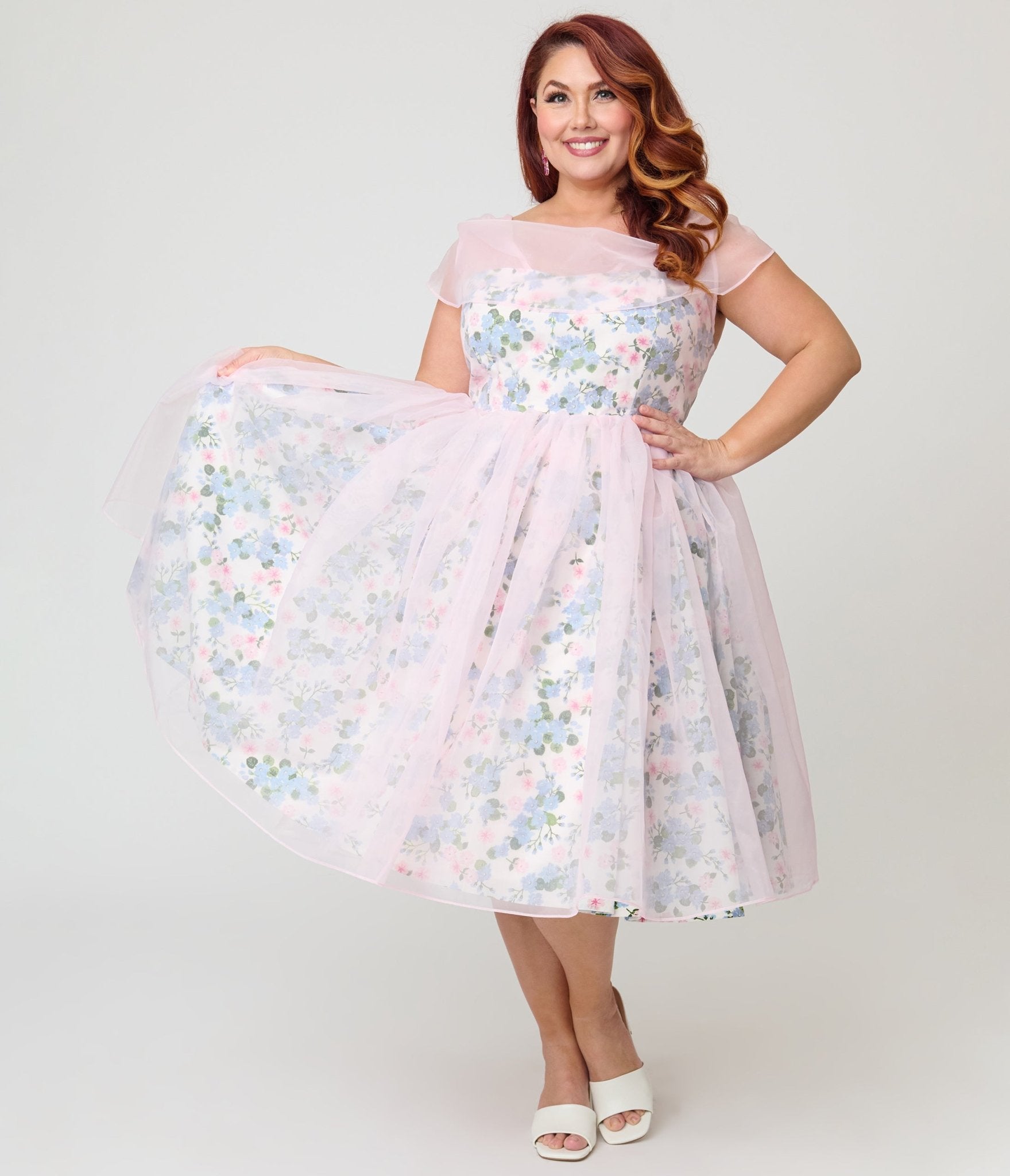 Unique Vintage Plus Size Sheer Pink Chiffon & Rose Modern Art Swing Dr