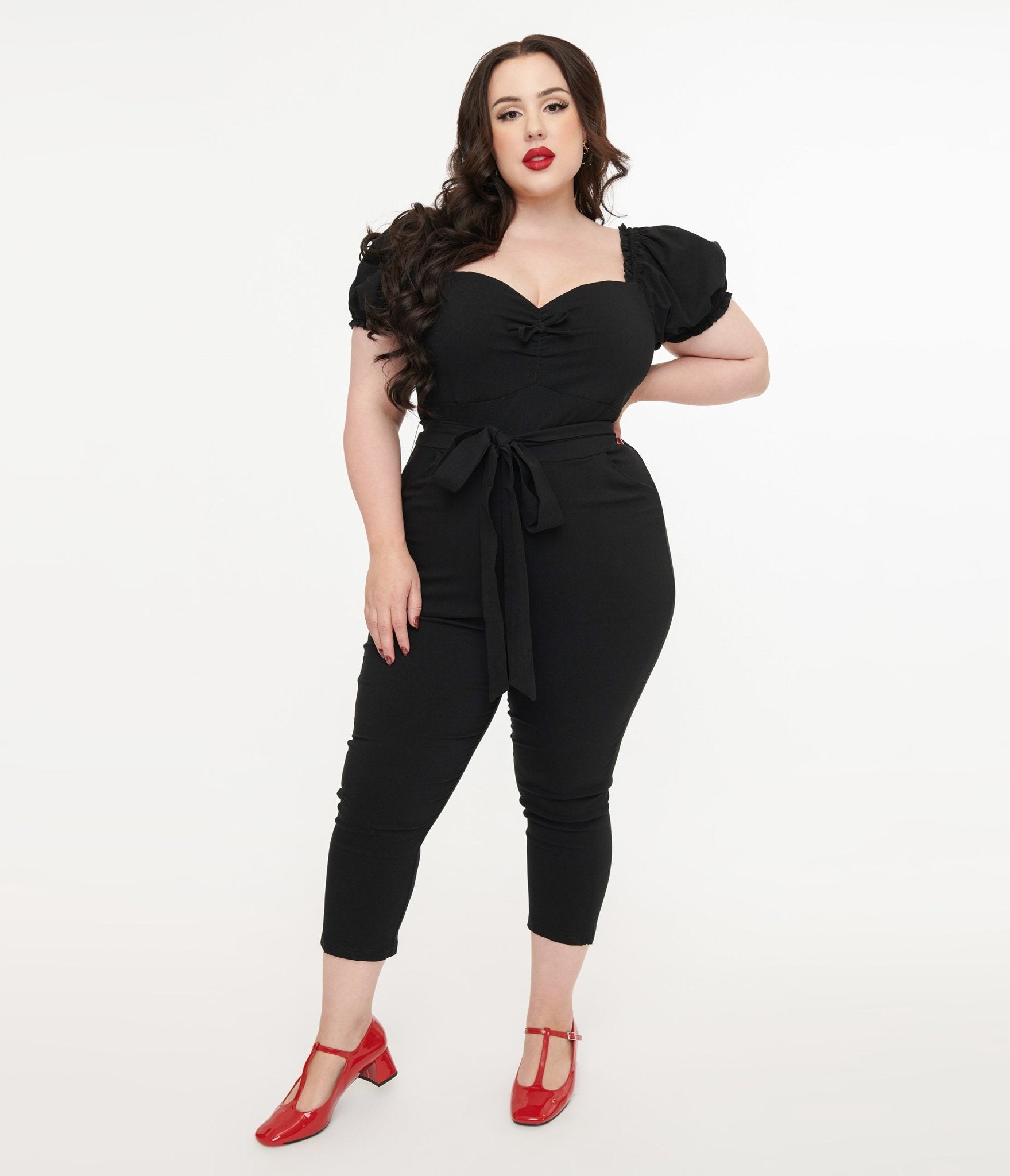 Unique Vintage Plus Size Solid Black Belted Jumpsuit - Unique Vintage - Womens, BOTTOMS, ROMPERS AND JUMPSUITS