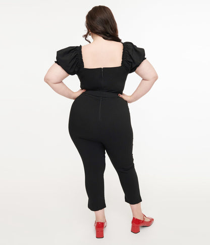 Unique Vintage Plus Size Solid Black Belted Jumpsuit - Unique Vintage - Womens, BOTTOMS, ROMPERS AND JUMPSUITS