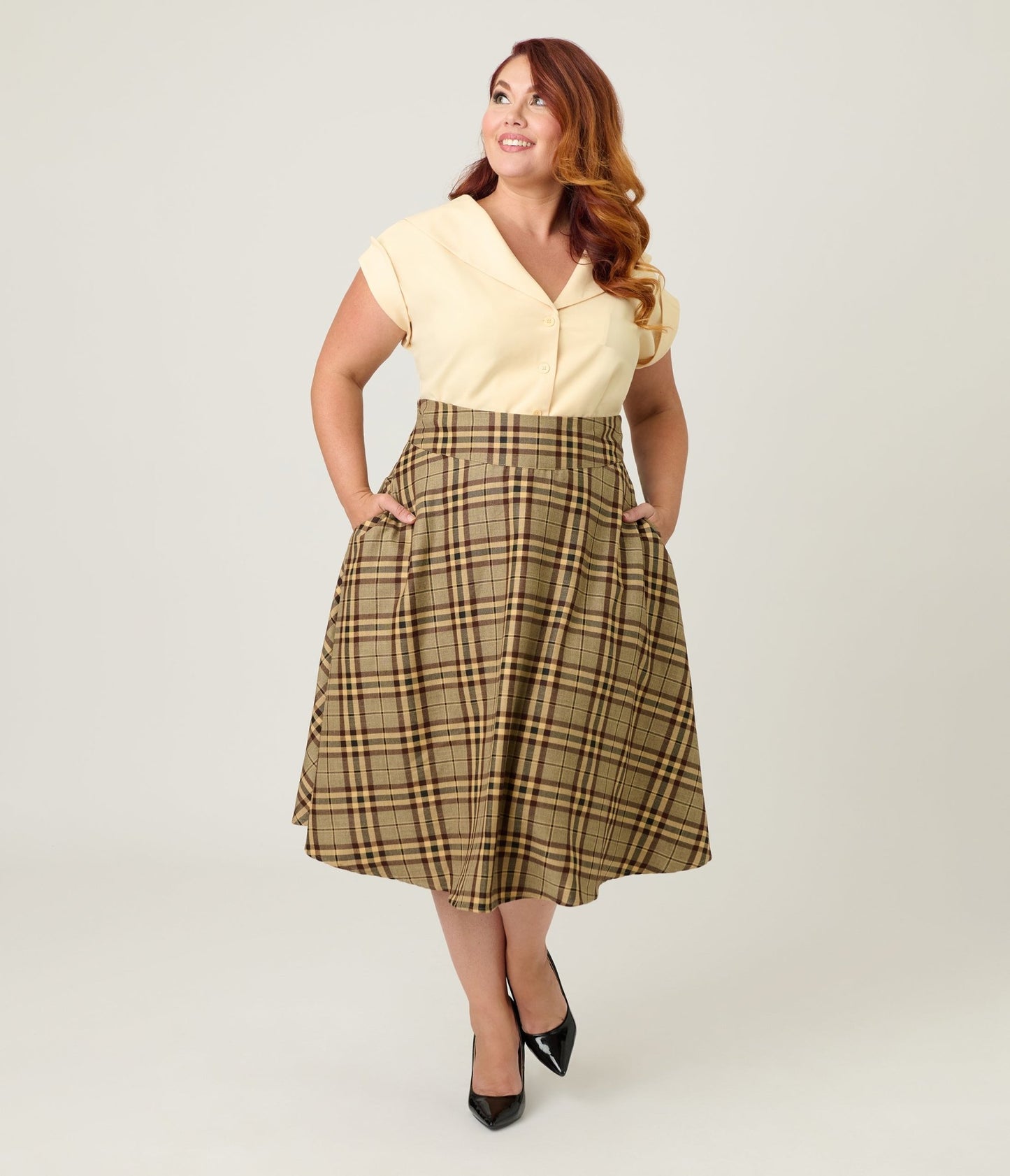 Unique Vintage Plus Size Tan Plaid Vivian Swing Skirt - Unique Vintage - Womens, BOTTOMS, SKIRTS