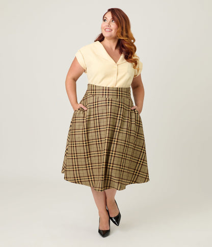 Unique Vintage Plus Size Tan Plaid Vivian Swing Skirt - Unique Vintage - Womens, BOTTOMS, SKIRTS