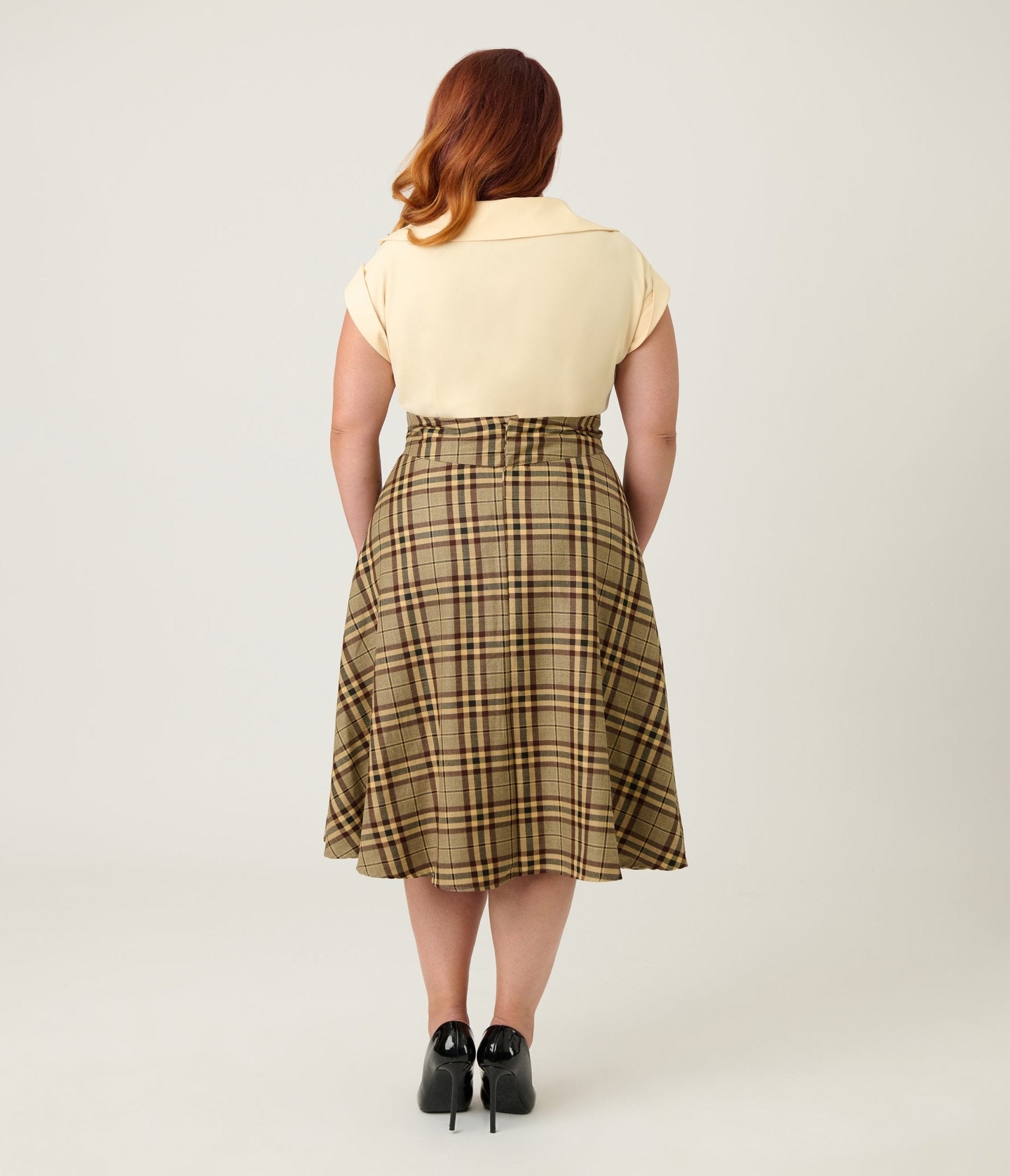 Unique Vintage Plus Size Tan Plaid Vivian Swing Skirt