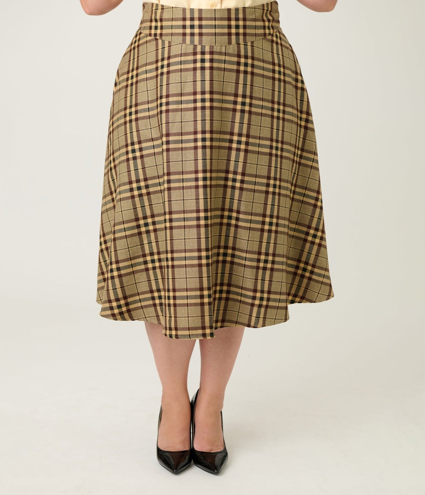 Unique Vintage Plus Size Tan Plaid Vivian Swing Skirt - Unique Vintage - Womens, BOTTOMS, SKIRTS