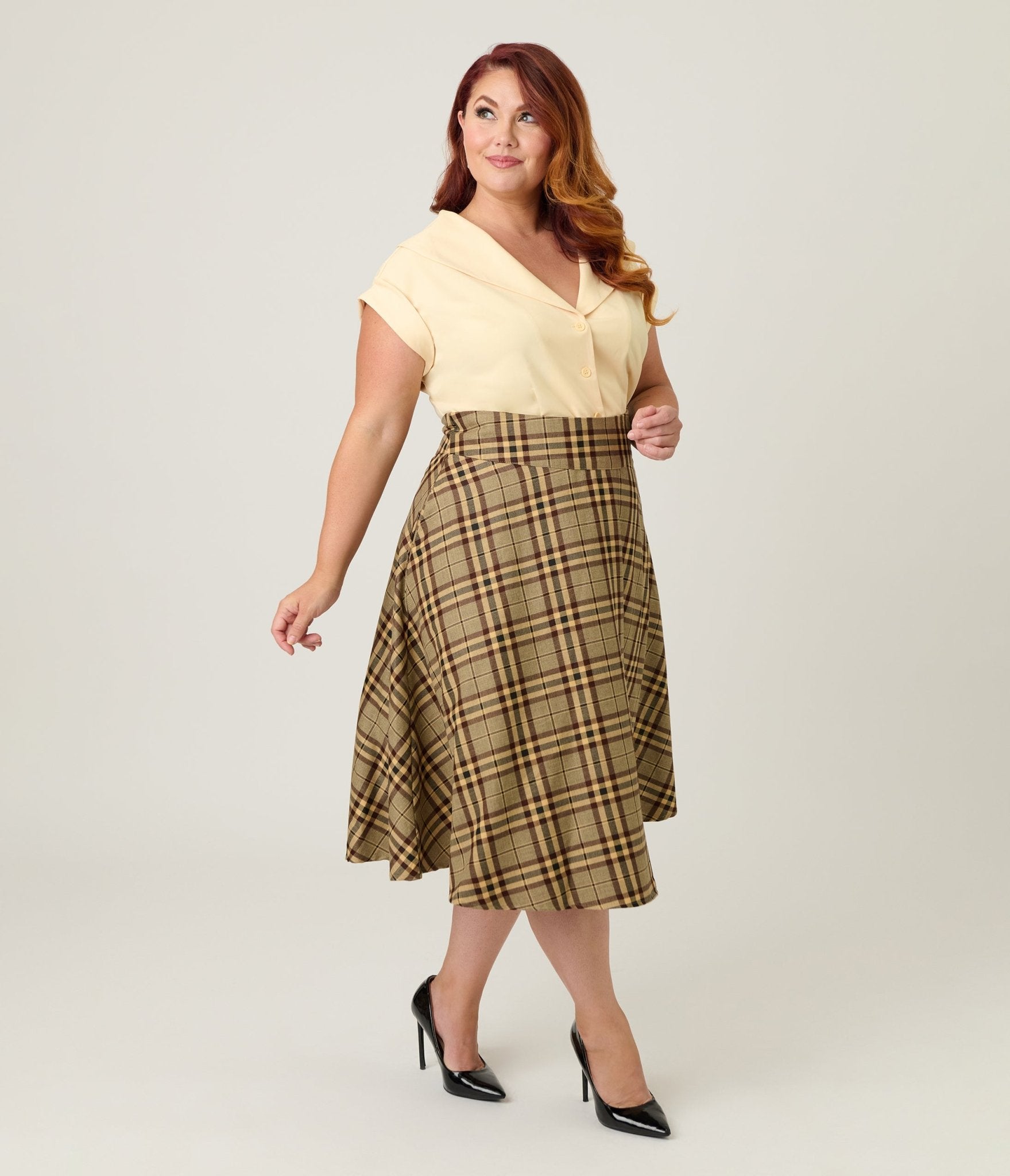 Unique Vintage Plus Size Tan Plaid Vivian Swing Skirt - Unique Vintage - Womens, BOTTOMS, SKIRTS