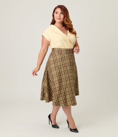 Unique Vintage Plus Size Tan Plaid Vivian Swing Skirt - Unique Vintage - Womens, BOTTOMS, SKIRTS