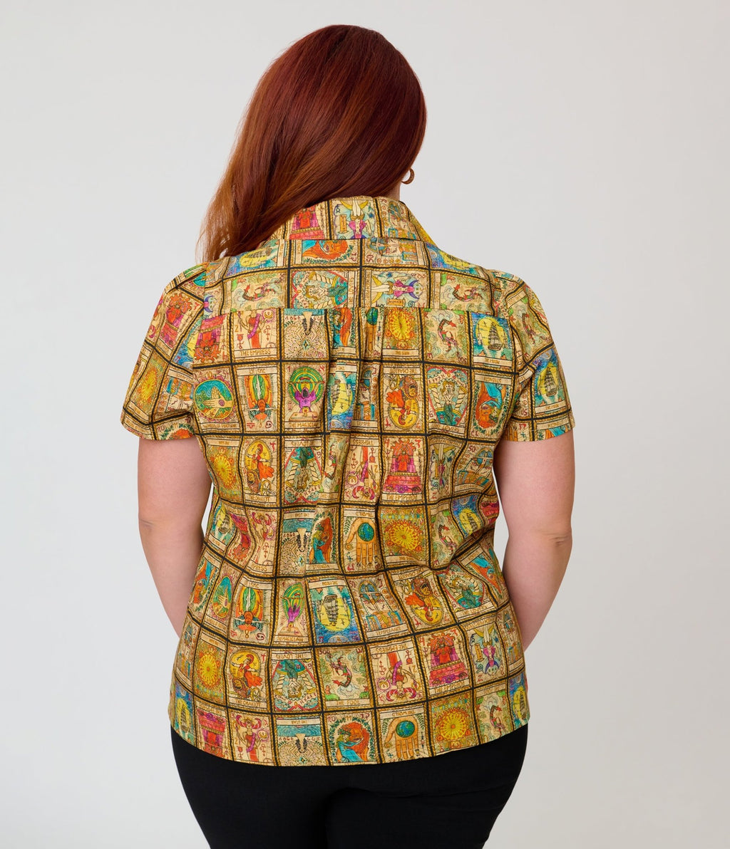 Unique Vintage Plus Size Tarot Print Notched Collar Blouse - Unique Vintage - Womens, TOPS, WOVEN TOPS