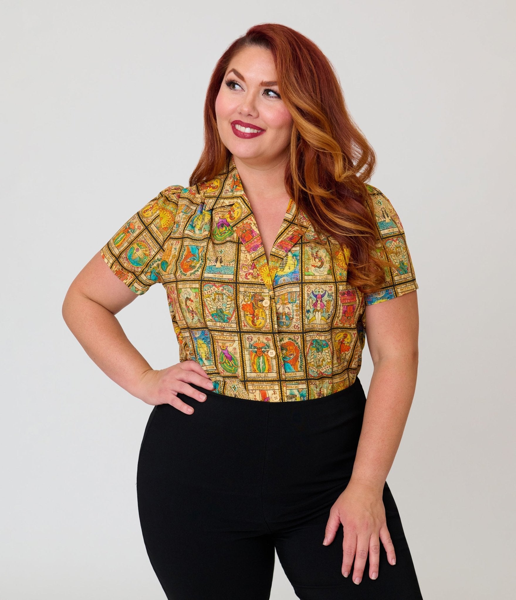 Unique Vintage Plus Size Tarot Print Notched Collar Blouse - Unique Vintage - Womens, TOPS, WOVEN TOPS