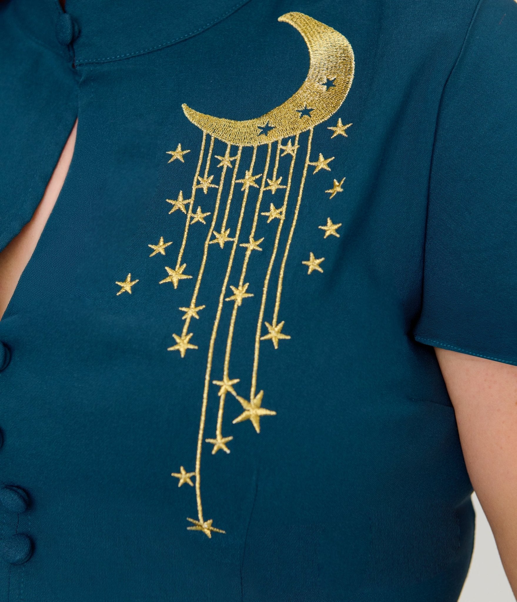 Unique Vintage Plus Size Teal Celestial Embroidered Baltimore Swing Dress - Unique Vintage - Womens, DRESSES, SWING