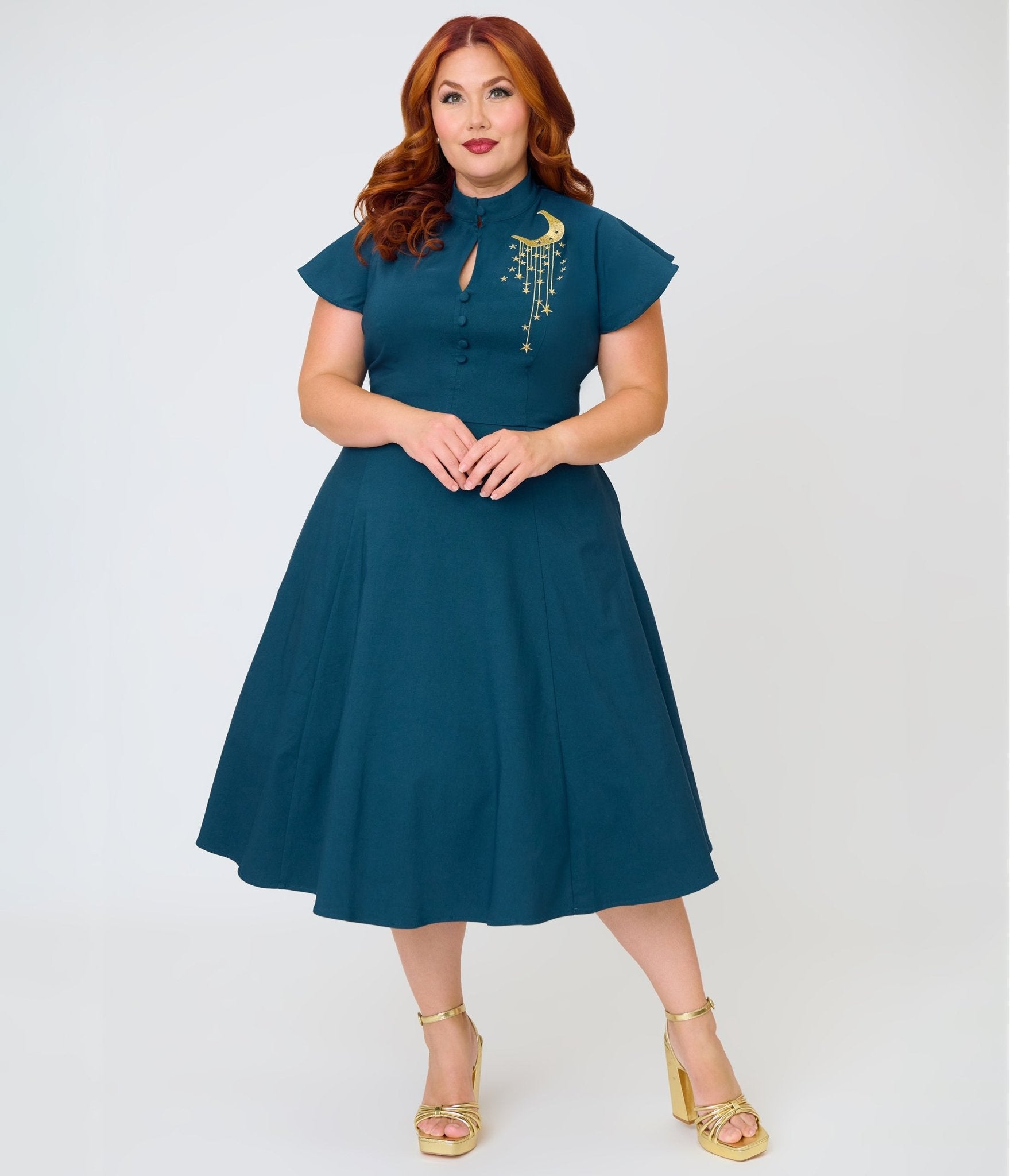 Unique Vintage Plus Size Teal Celestial Embroidered Baltimore Swing Dress - Unique Vintage - Womens, DRESSES, SWING
