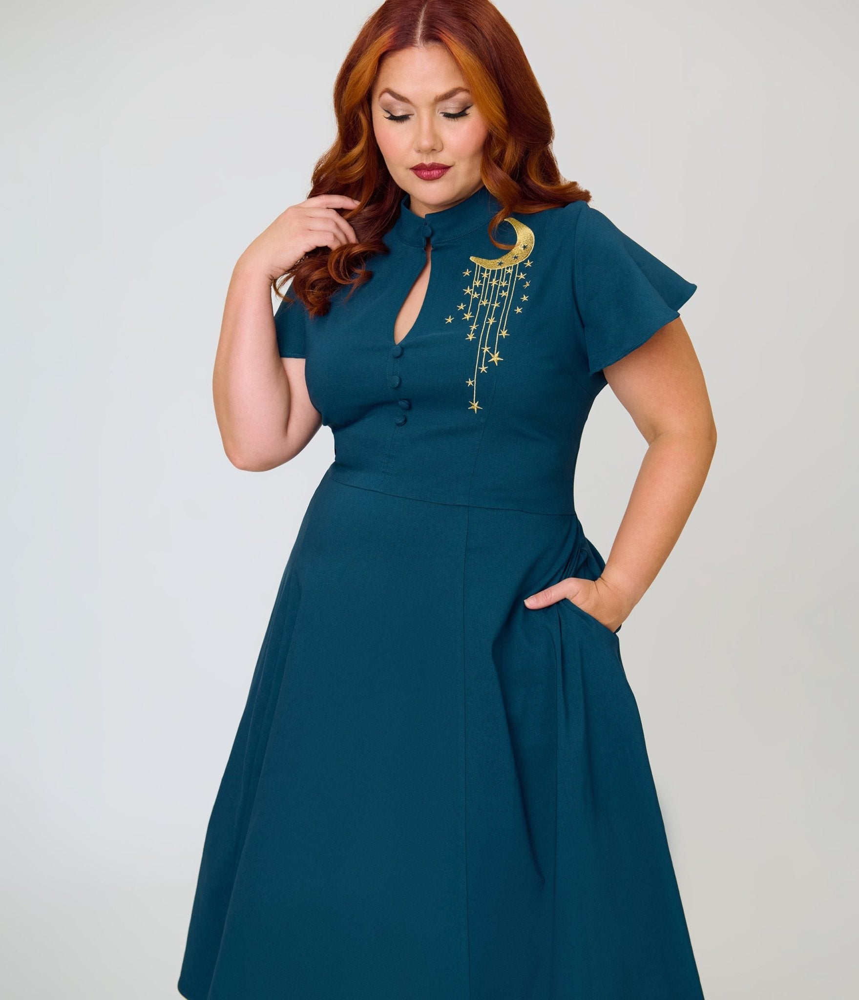 Unique Vintage Plus Size Teal Celestial Embroidered Baltimore Swing Dress - Unique Vintage - Womens, DRESSES, SWING