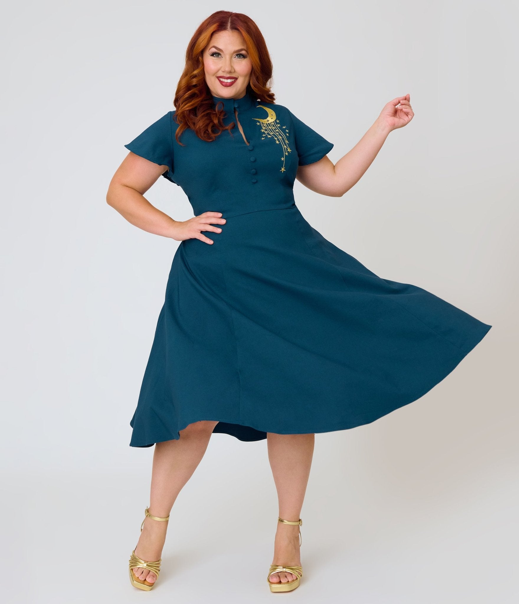 Unique Vintage Plus Size Teal Celestial Embroidered Baltimore Swing Dress - Unique Vintage - Womens, DRESSES, SWING