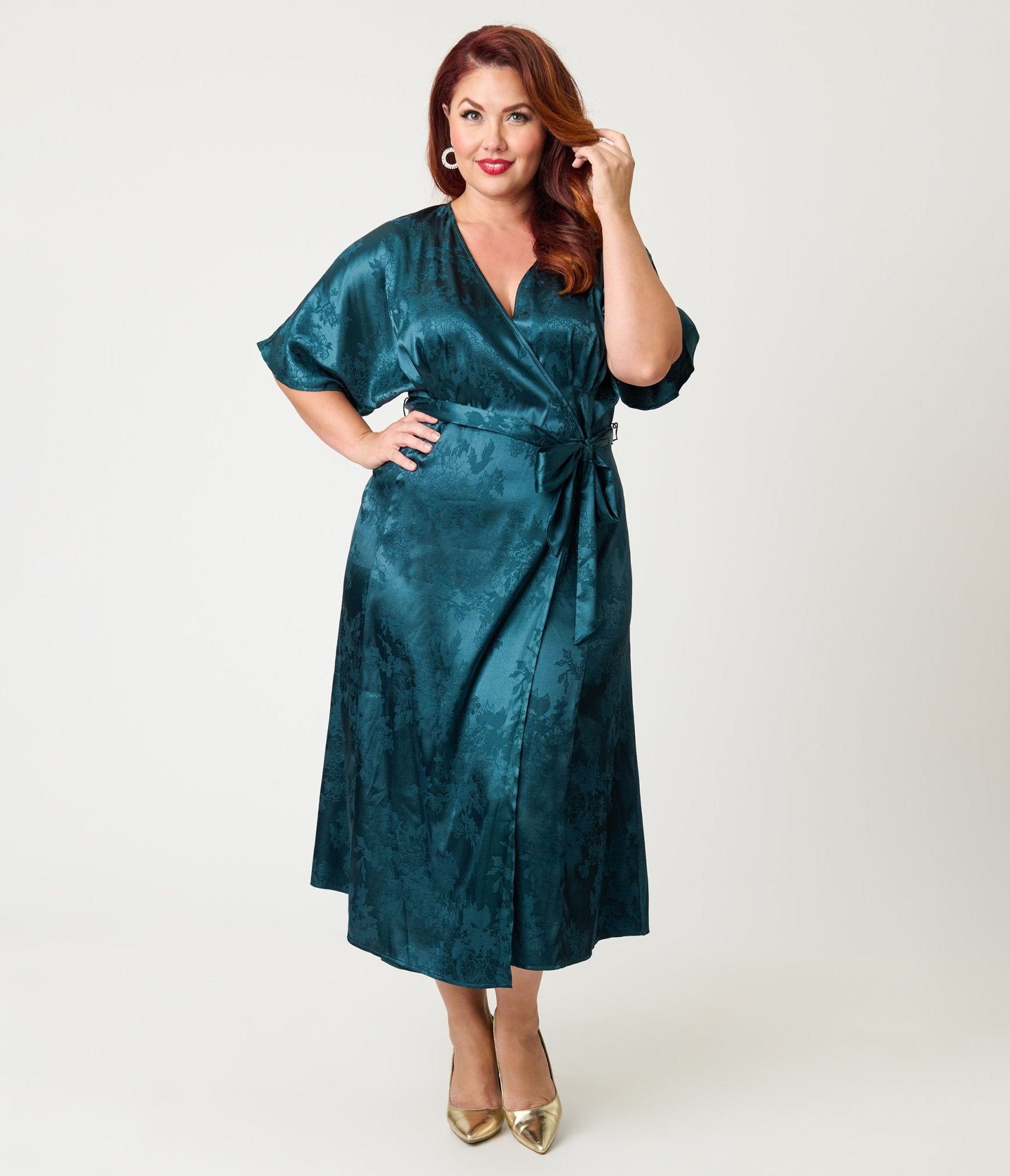 Unique Vintage Plus Size Teal Floral Brocade Wrap Midi Dress Unique Vintage Plus Size Teal Floral Brocade Wrap Midi Dress