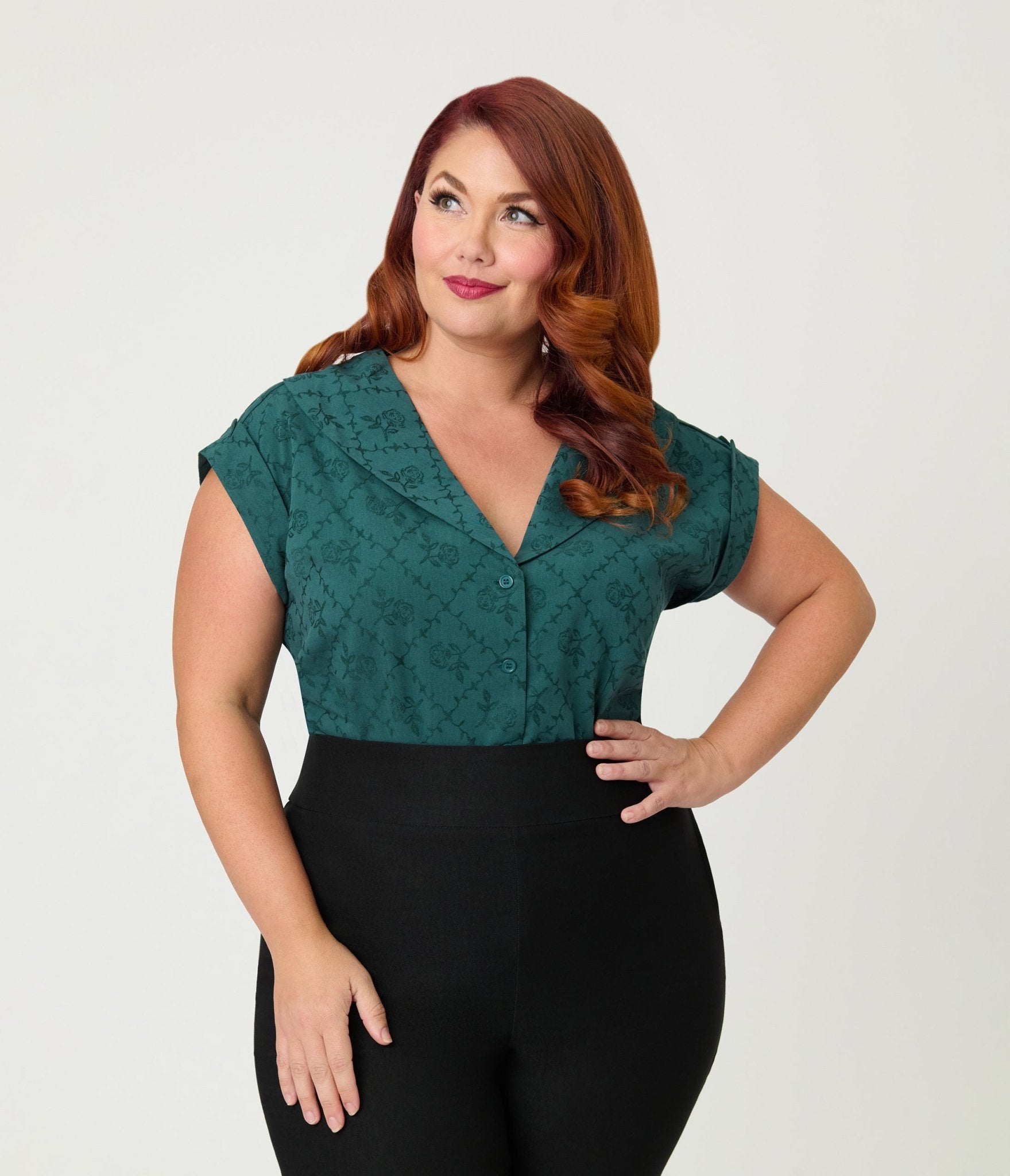 Unique Vintage Plus Size Teal Floral Twill Sleeveless Blouse