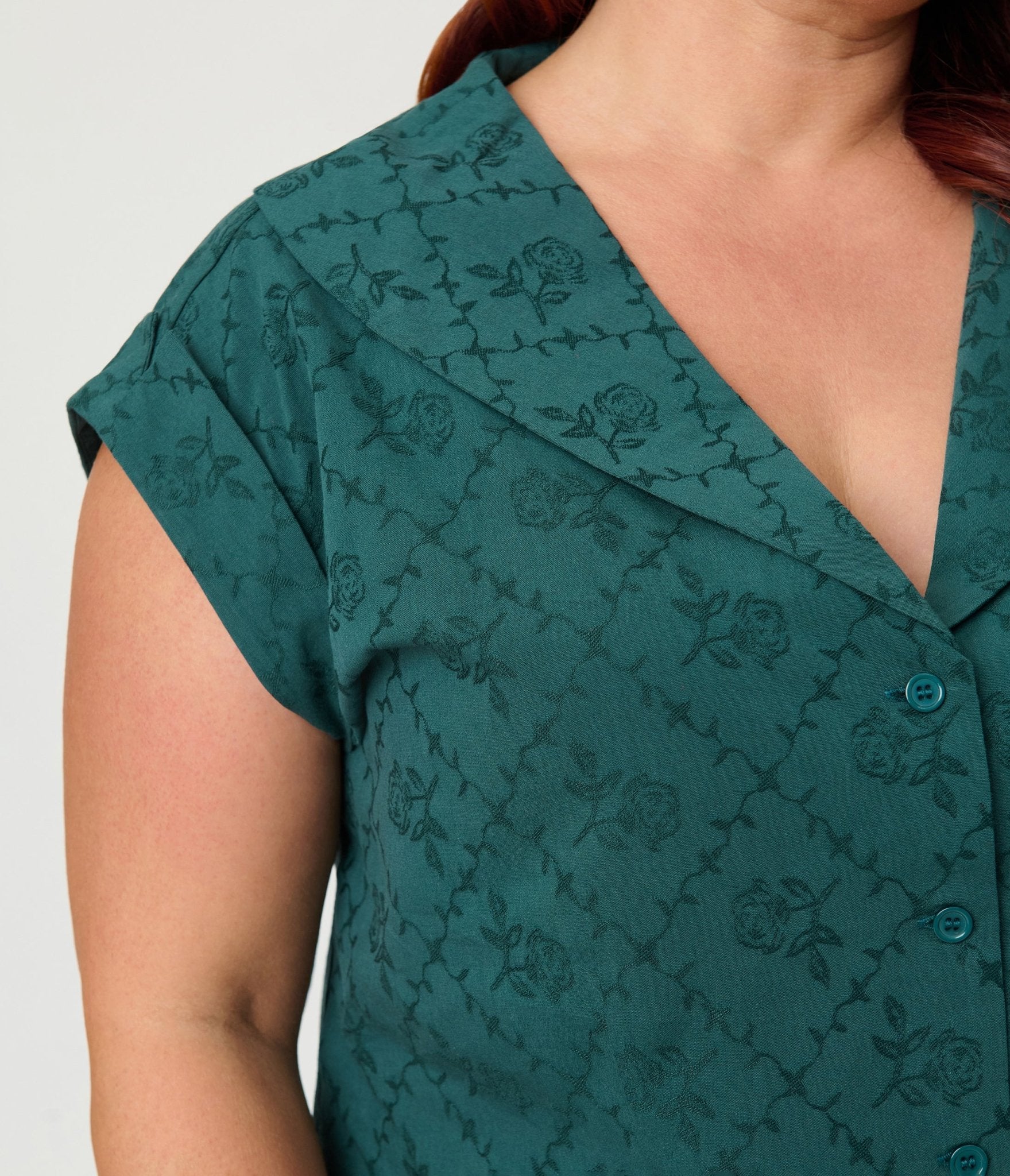 Unique Vintage Plus Size Teal Floral Twill Sleeveless Blouse