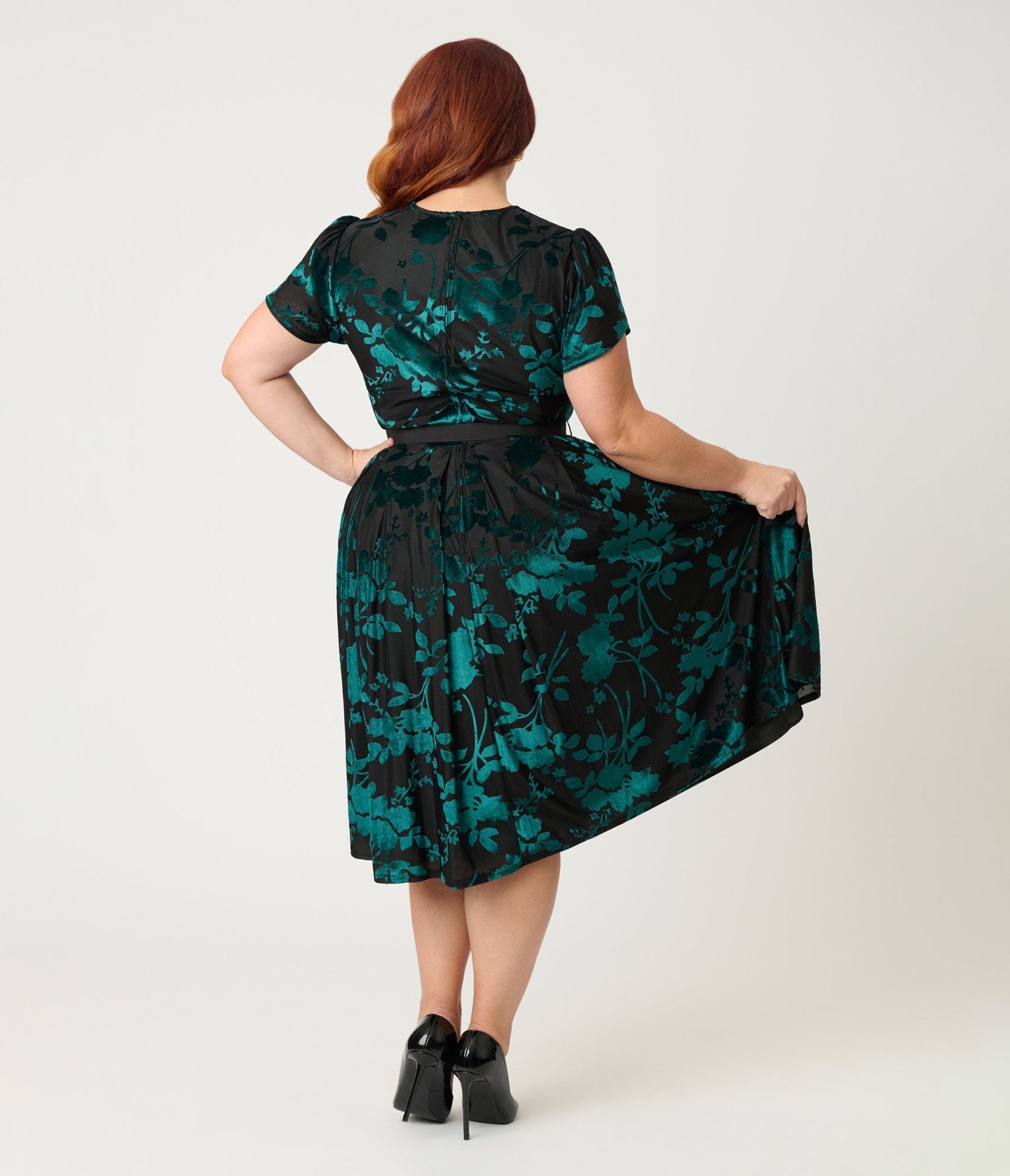 Unique Vintage Plus Size Teal Floral Velvet Burnout Dahlia Swing Dress 5X/32W-34W