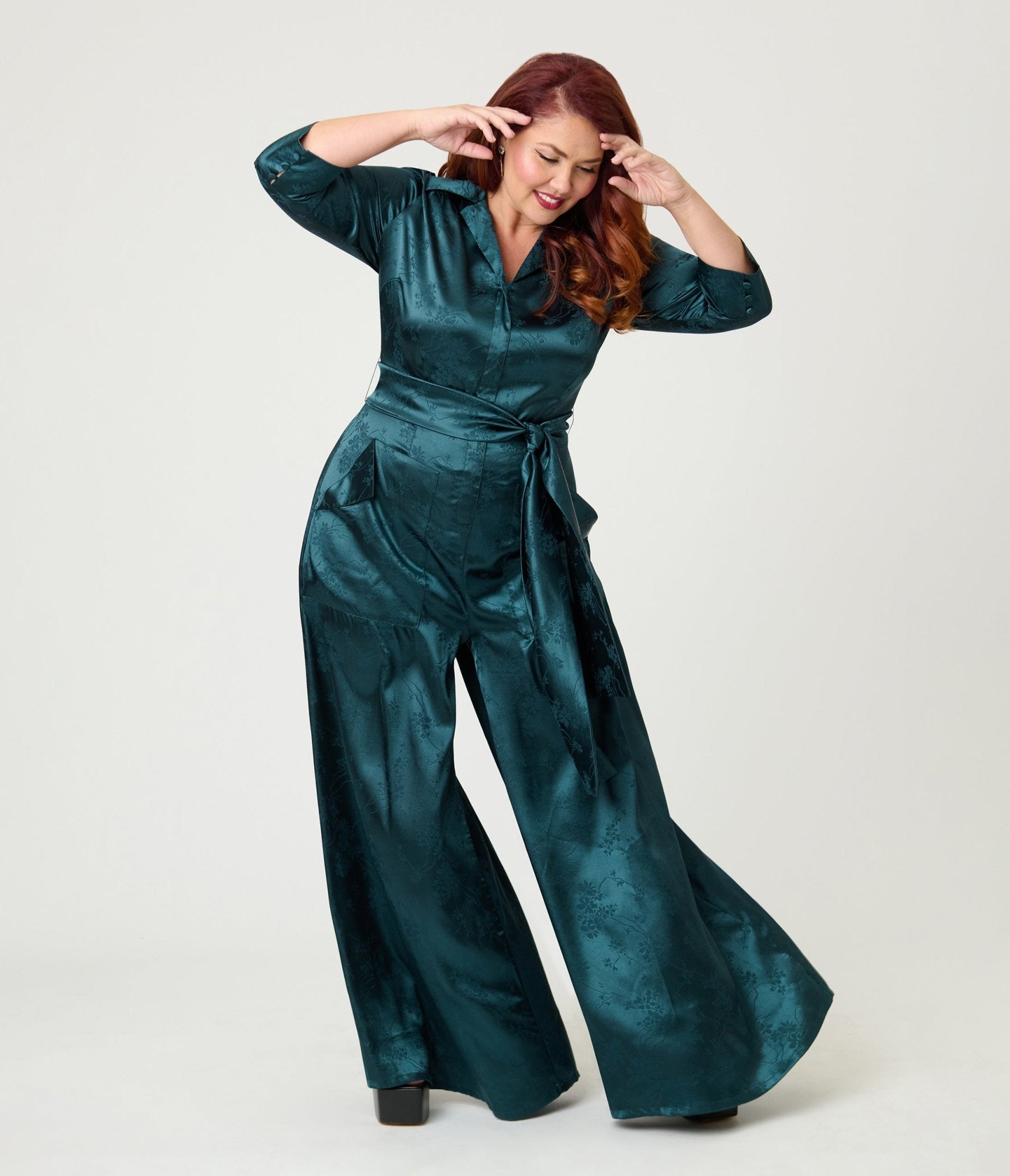 Unique Vintage Plus Size Teal Jacquard Satin Flare Jumpsuit