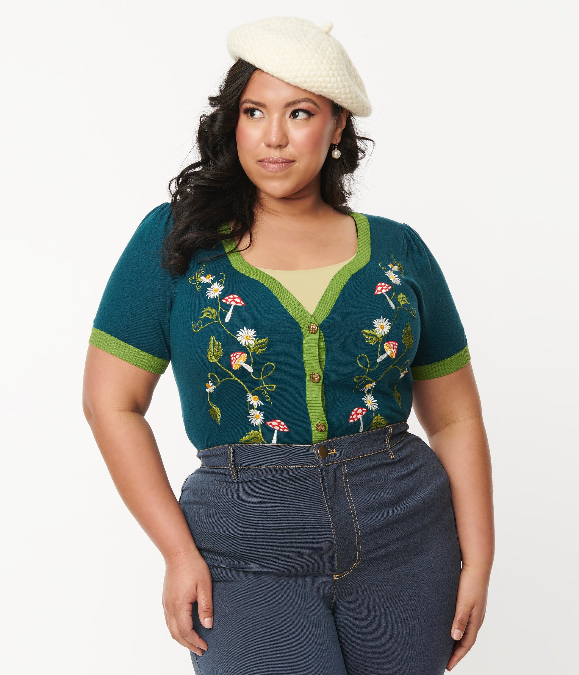 Unique Vintage Plus Size Teal Mushroom & Daisy Embroidered Cardigan - Unique Vintage - Womens, TOPS, SWEATERS