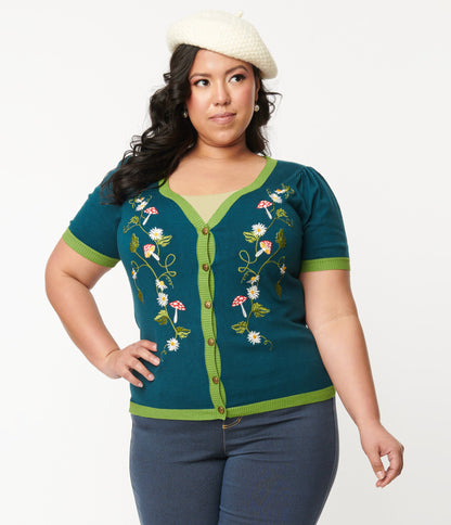 Unique Vintage Plus Size Teal Mushroom & Daisy Embroidered Cardigan - Unique Vintage - Womens, TOPS, SWEATERS