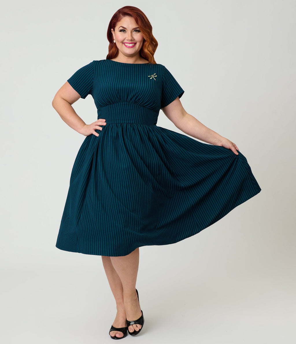 Unique Vintage Plus Size Teal Stripe Dragonfly Brooch Swing Dress - Unique Vintage - Womens, DRESSES, SWING