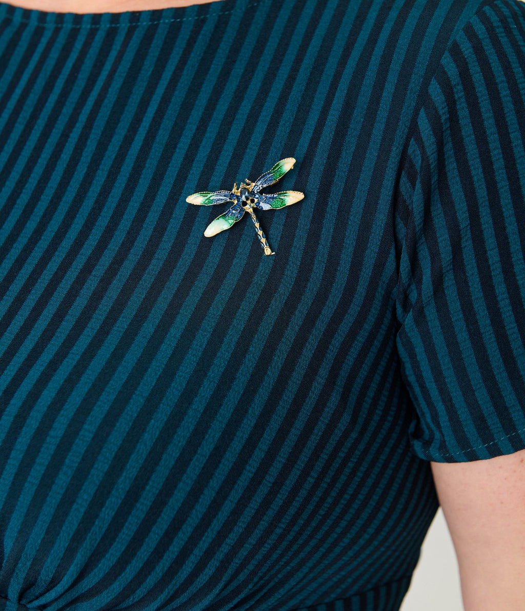 Unique Vintage Plus Size Teal Stripe Dragonfly Brooch Swing Dress - Unique Vintage - Womens, DRESSES, SWING