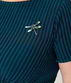 Unique Vintage Plus Size Teal Stripe Dragonfly Brooch Swing Dress - Unique Vintage - Womens, DRESSES, SWING