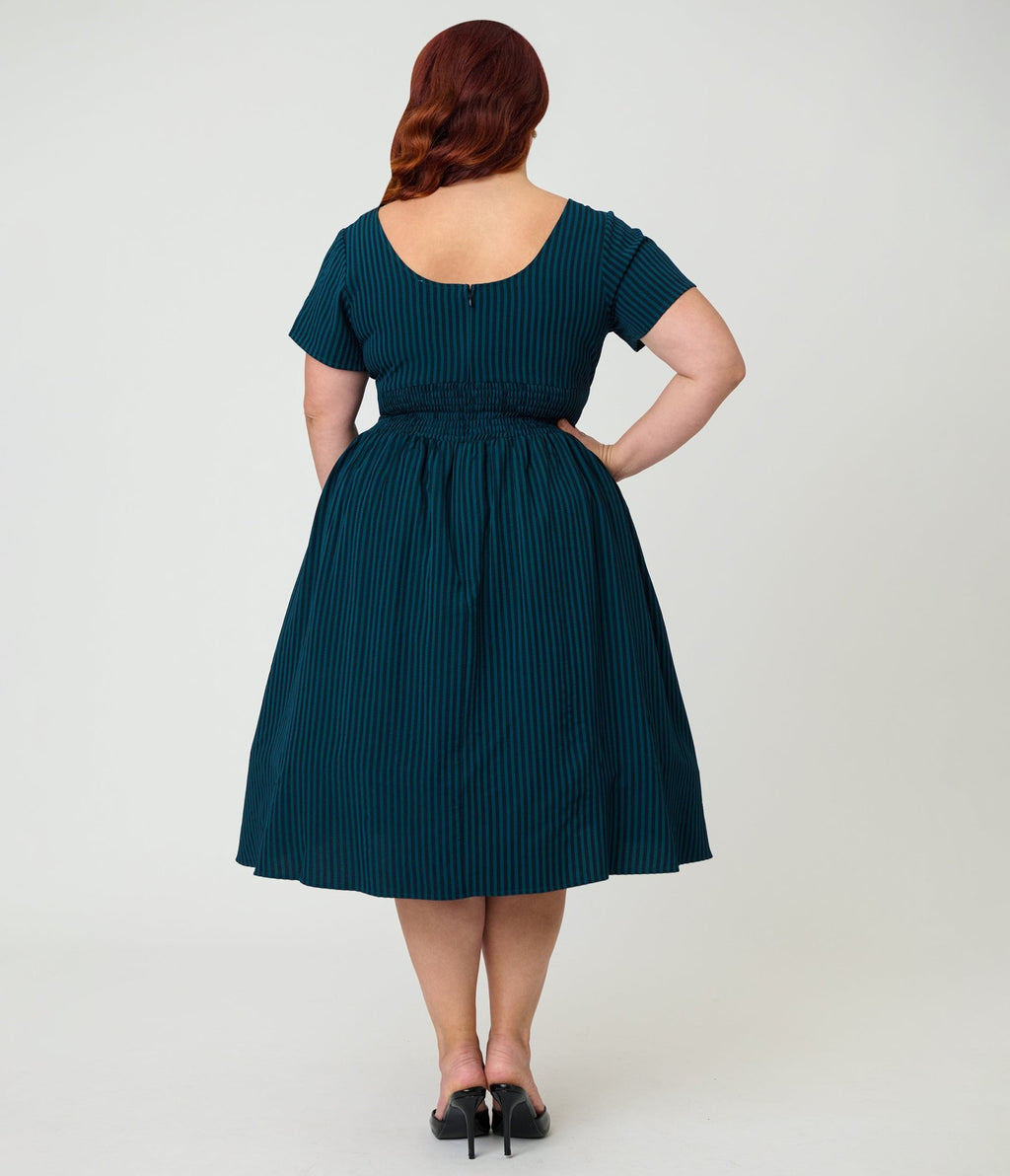 Unique Vintage Plus Size Teal Stripe Dragonfly Brooch Swing Dress - Unique Vintage - Womens, DRESSES, SWING
