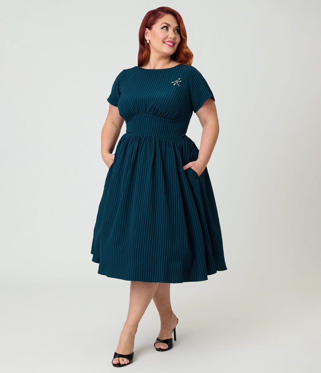 Unique Vintage Plus Size Teal Stripe Dragonfly Brooch Swing Dress - Unique Vintage - Womens, DRESSES, SWING