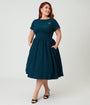 Unique Vintage Plus Size Teal Stripe Dragonfly Brooch Swing Dress