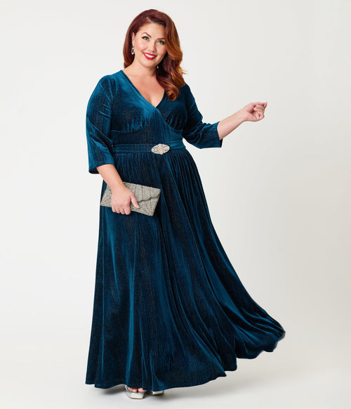 Unique Vintage Plus Size Teal Velvet Batwing Sleeve Maxi Dress Unique Vintage Plus Size Teal Velvet Batwing Sleeve Maxi Dress