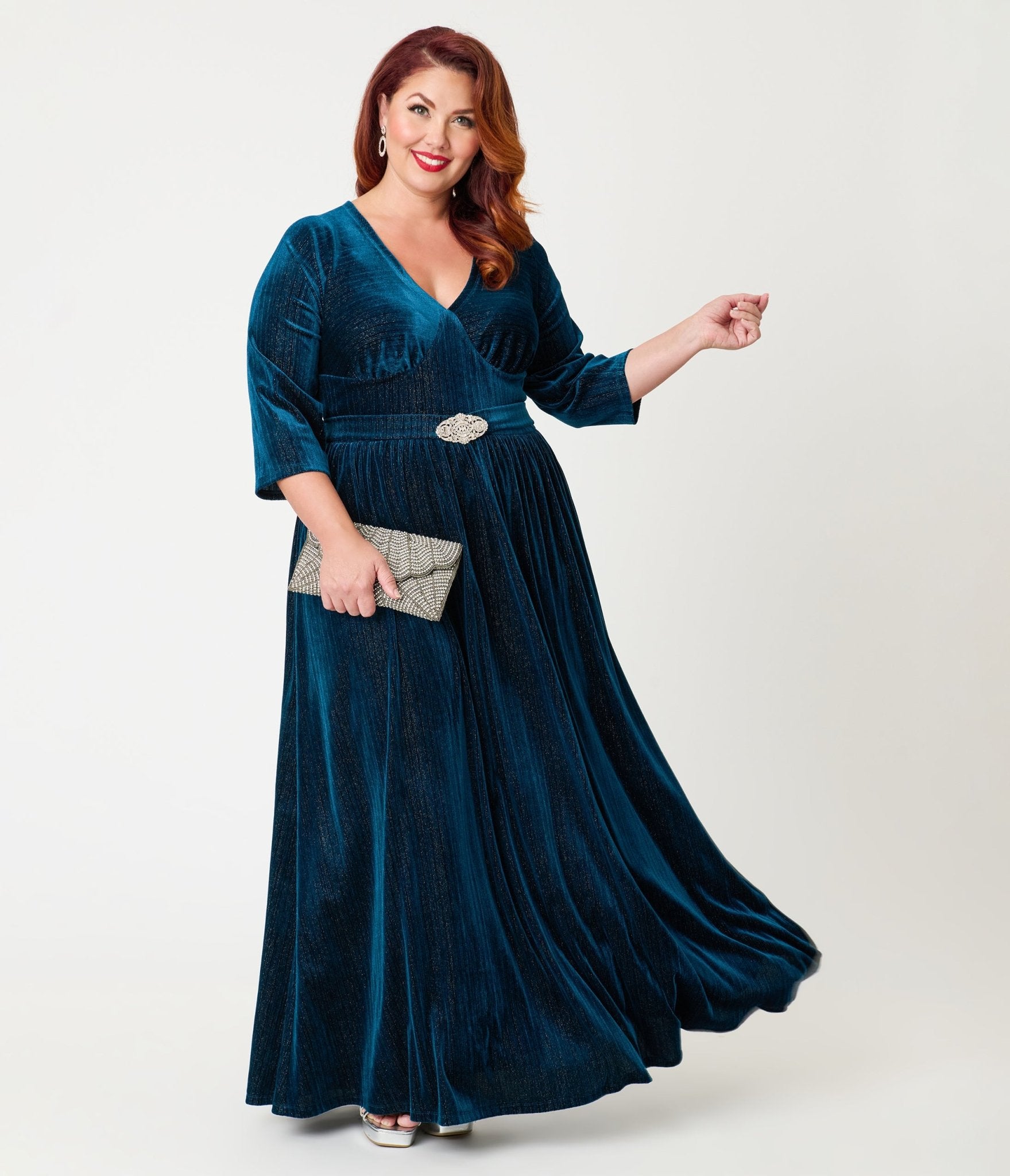 Unique Vintage Plus Size Teal Velvet Batwing Sleeve Maxi Dress