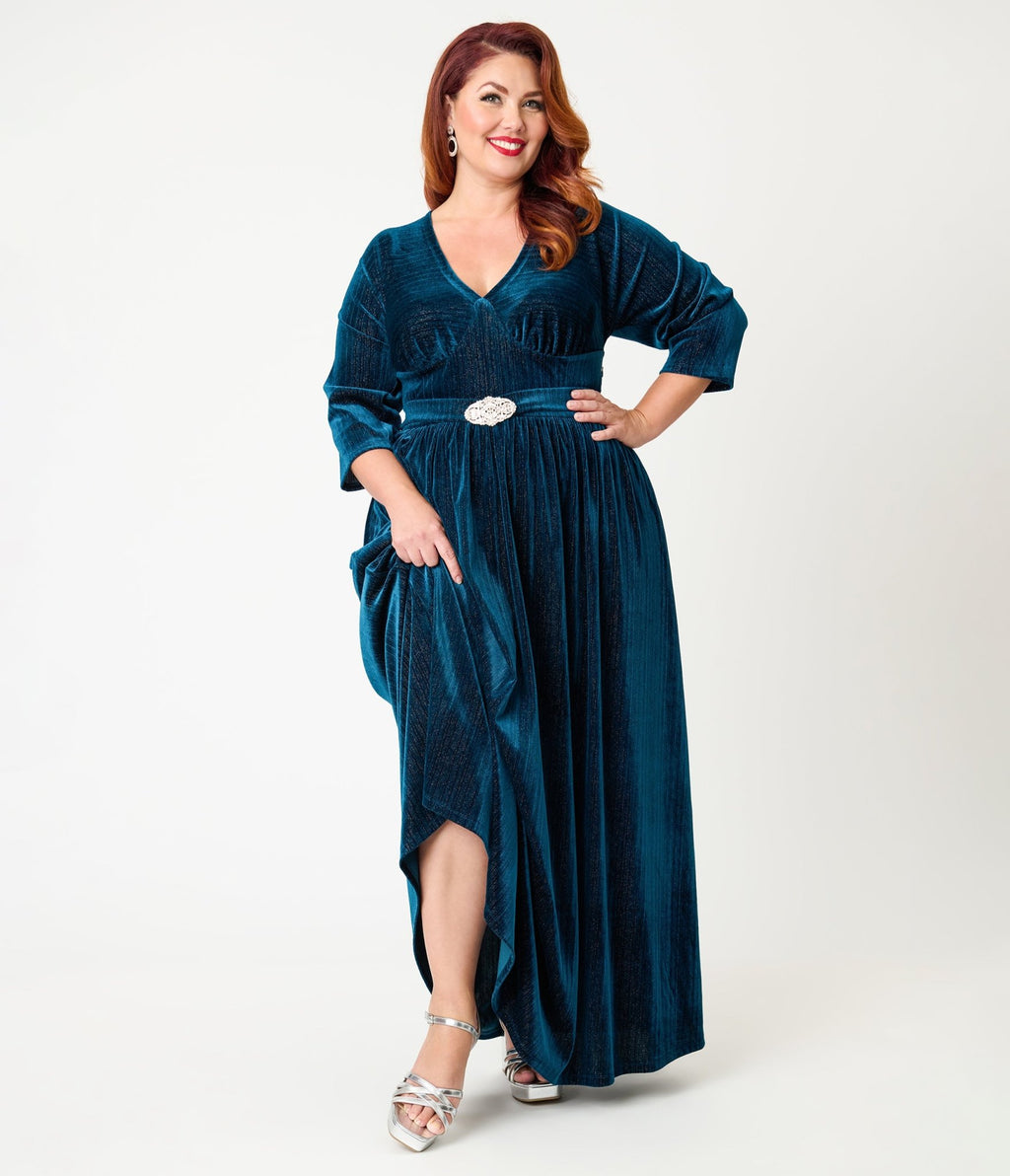 Unique Vintage Plus Size Teal Velvet Batwing Sleeve Maxi Dress