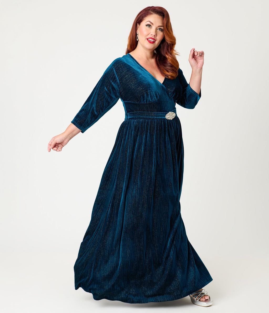 Unique Vintage Plus Size Teal Velvet Batwing Sleeve Maxi Dress