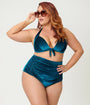 Unique Vintage Plus Size Teal Velvet Monroe Halter Swim Top