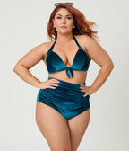 Unique Vintage Plus Size Teal Velvet Monroe Halter Swim Top - Unique Vintage - Womens, SWIM, TOP
