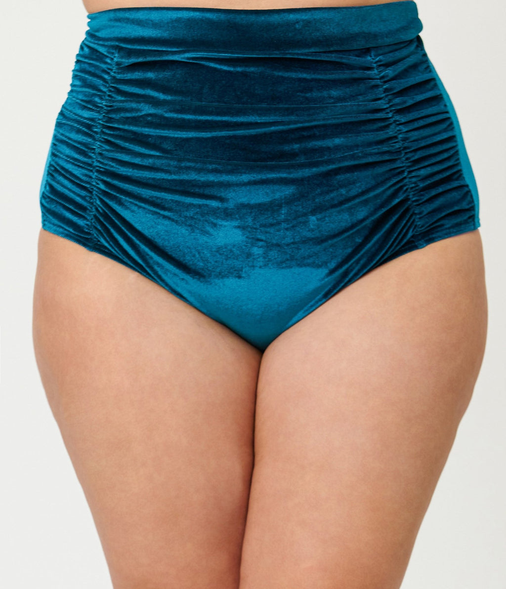 Unique Vintage Plus Size Teal Velvet Monroe High Waist Bikini Bottom - Unique Vintage - Womens, SWIM, BOTTOM