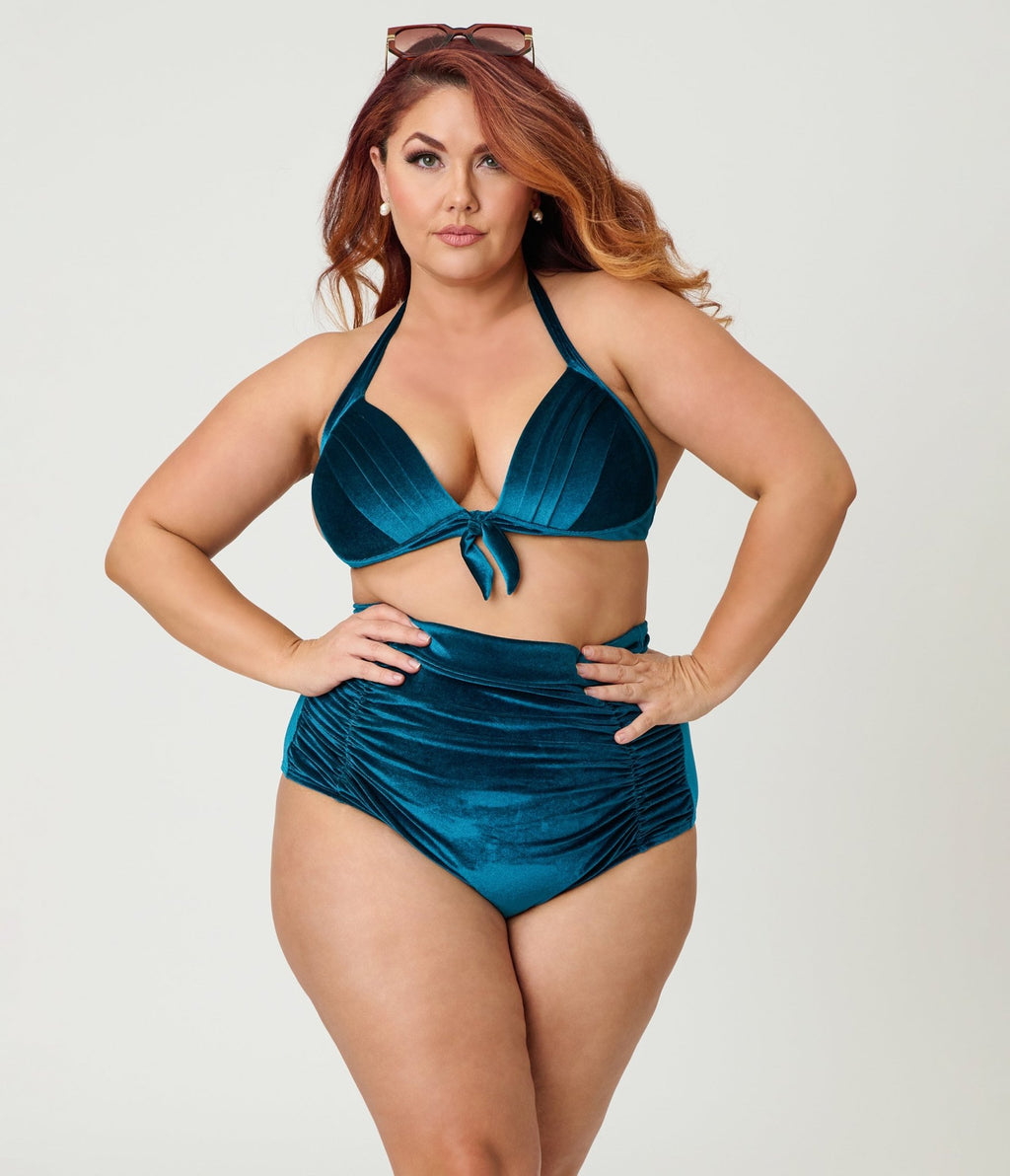 Unique Vintage Plus Size Teal Velvet Monroe High Waist Bikini Bottom - Unique Vintage - Womens, SWIM, BOTTOM