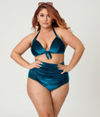 Unique Vintage Plus Size Teal Velvet Monroe High Waist Bikini Bottom - Unique Vintage - Womens, SWIM, BOTTOM