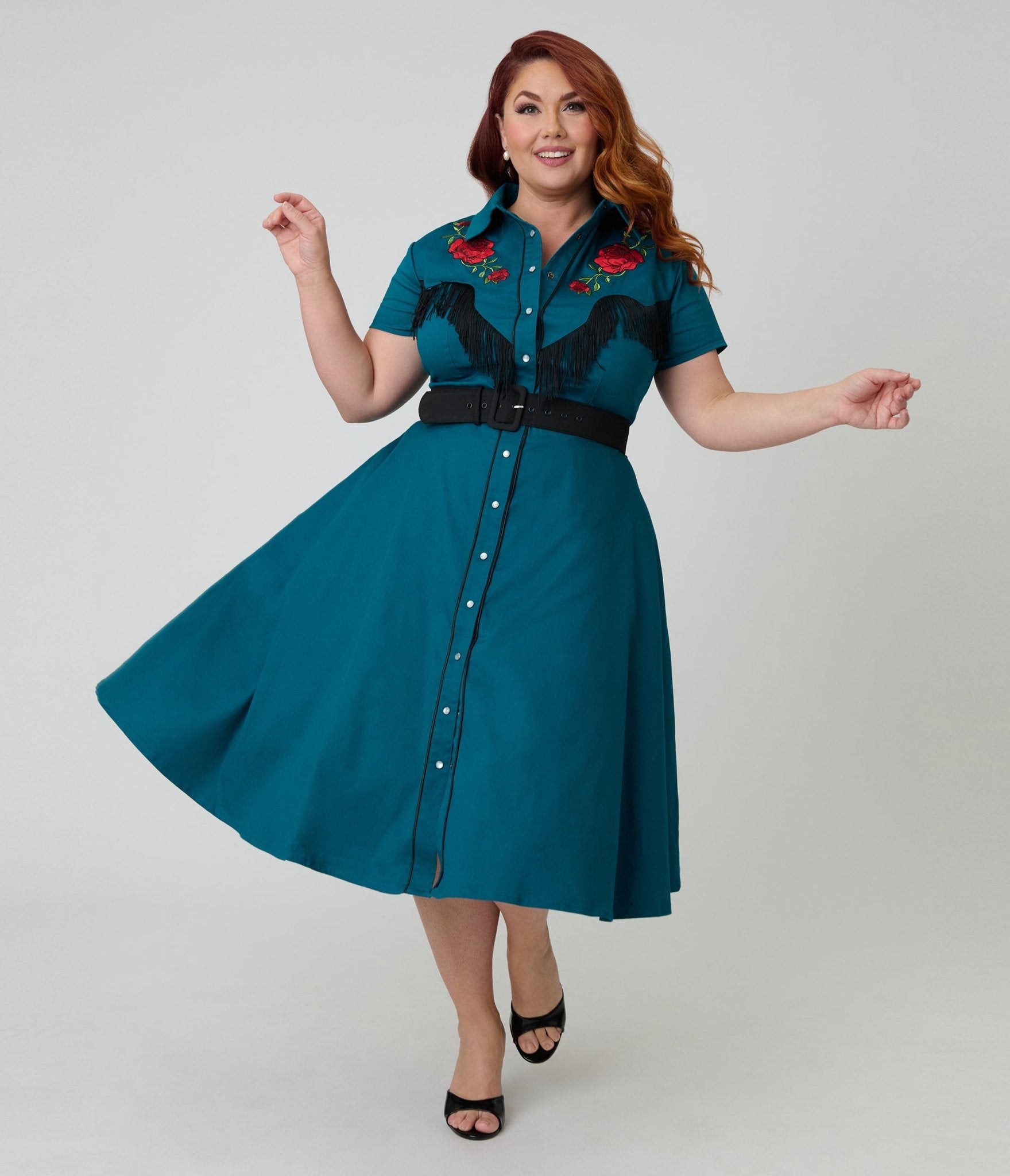 Unique Vintage Plus Size Teal & Western Rose Madeline Swing Dress Unique Vintage Plus Size Teal & Western Rose Madeline Swing Dress