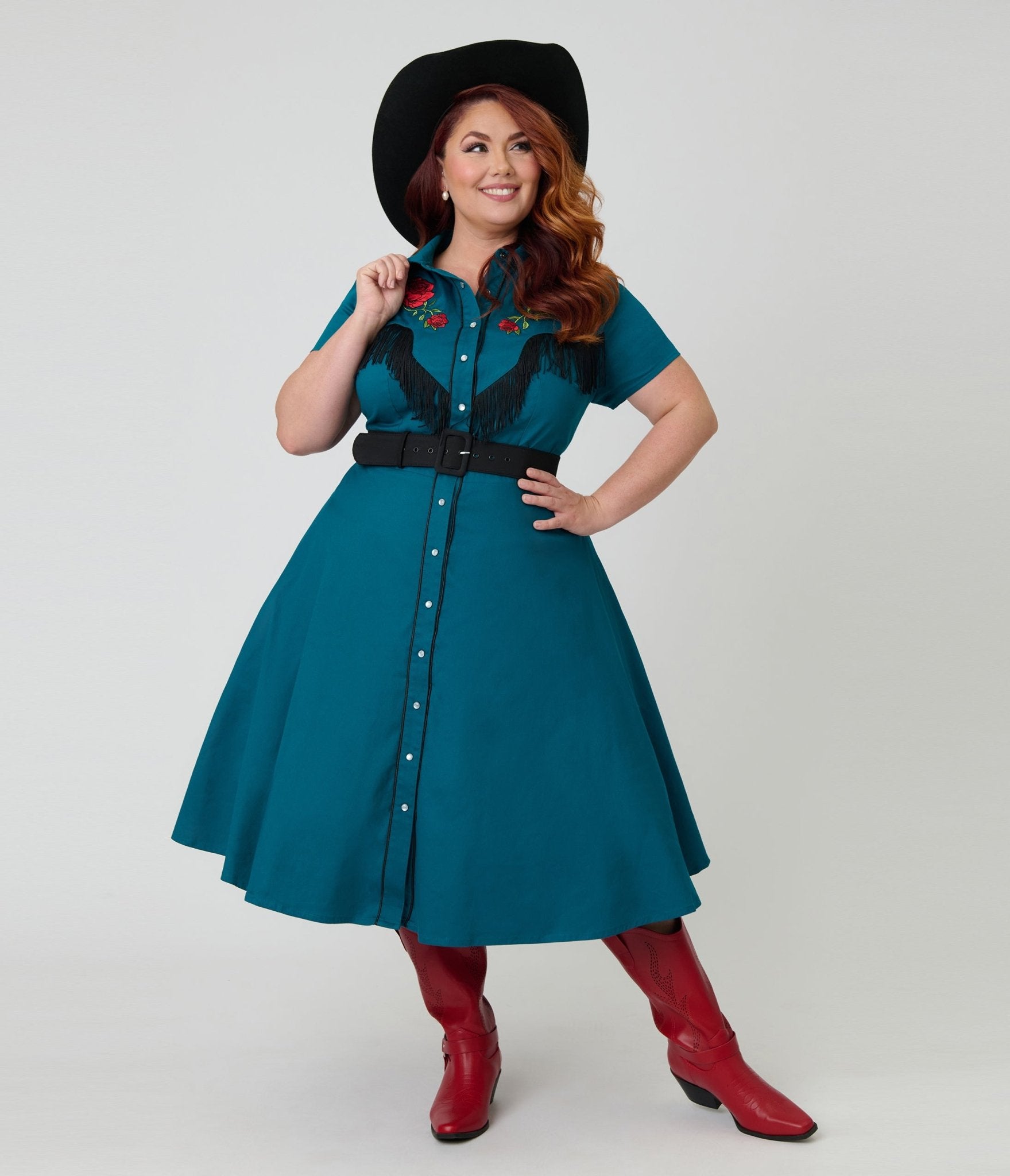 Unique Vintage Plus Size Teal & Western Rose Madeline Swing Dress