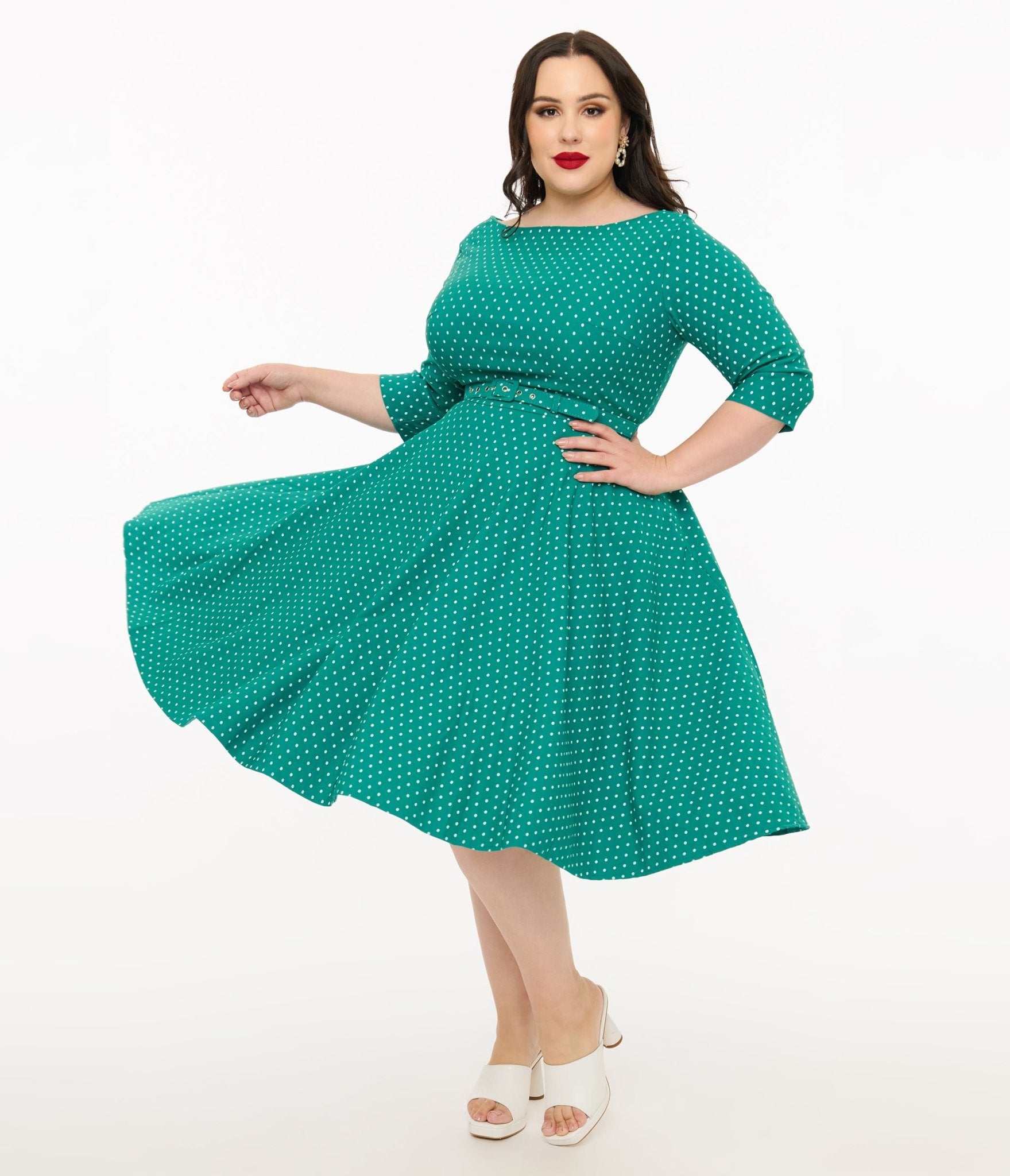 Unique Vintage Plus Size Teal & White Pin Dot Devon Swing Dress - Unique Vintage - Womens, DRESSES, SWING