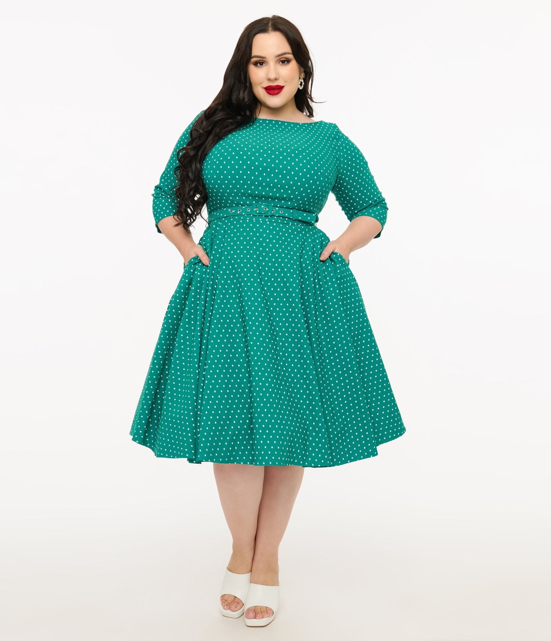 Unique Vintage Plus Size Teal & White Pin Dot Devon Swing Dress - Unique Vintage - Womens, DRESSES, SWING