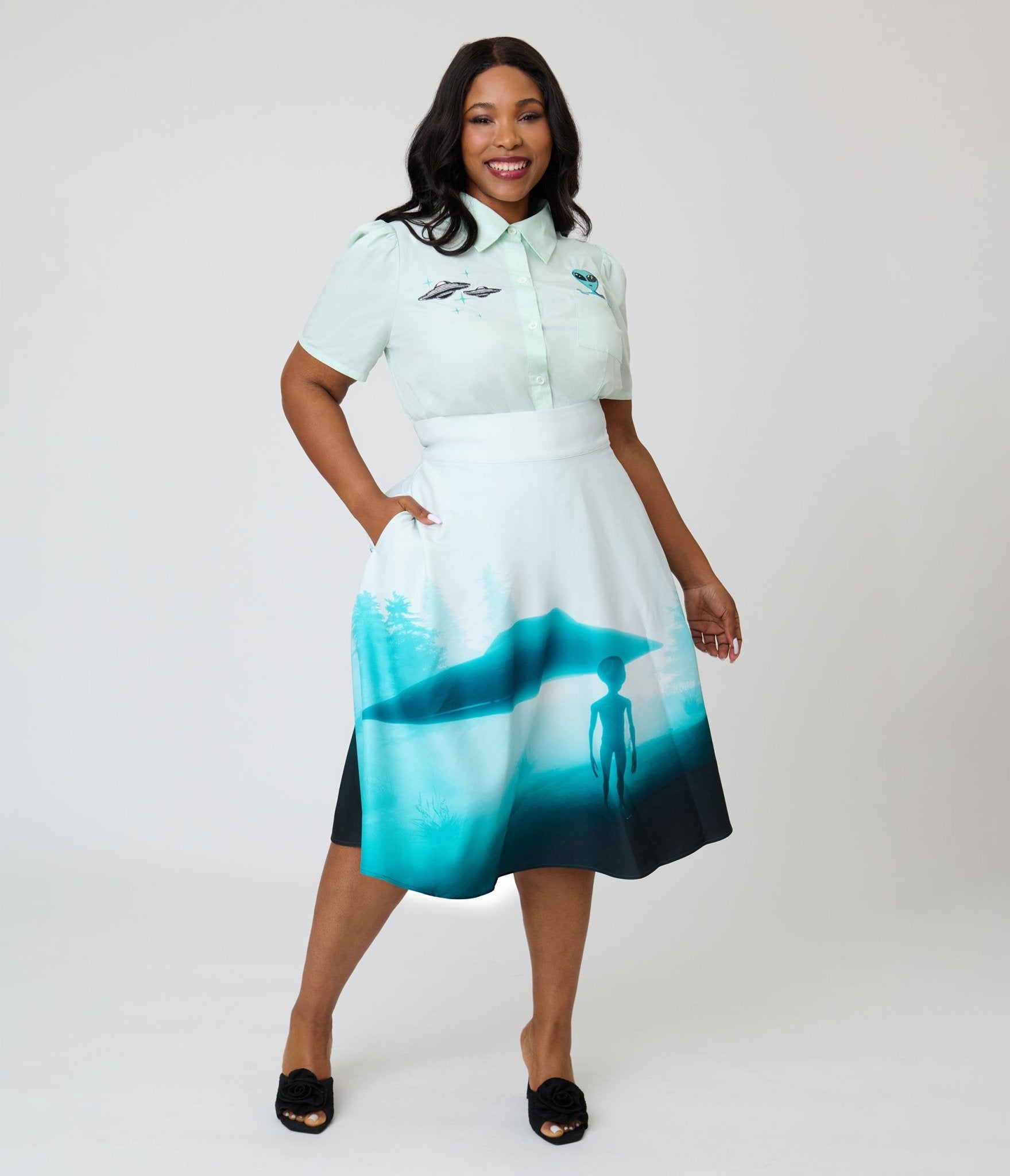 Unique Vintage Plus Size UFO Print Vivian Swing Skirt - Unique Vintage - Womens, BOTTOMS, SKIRTS